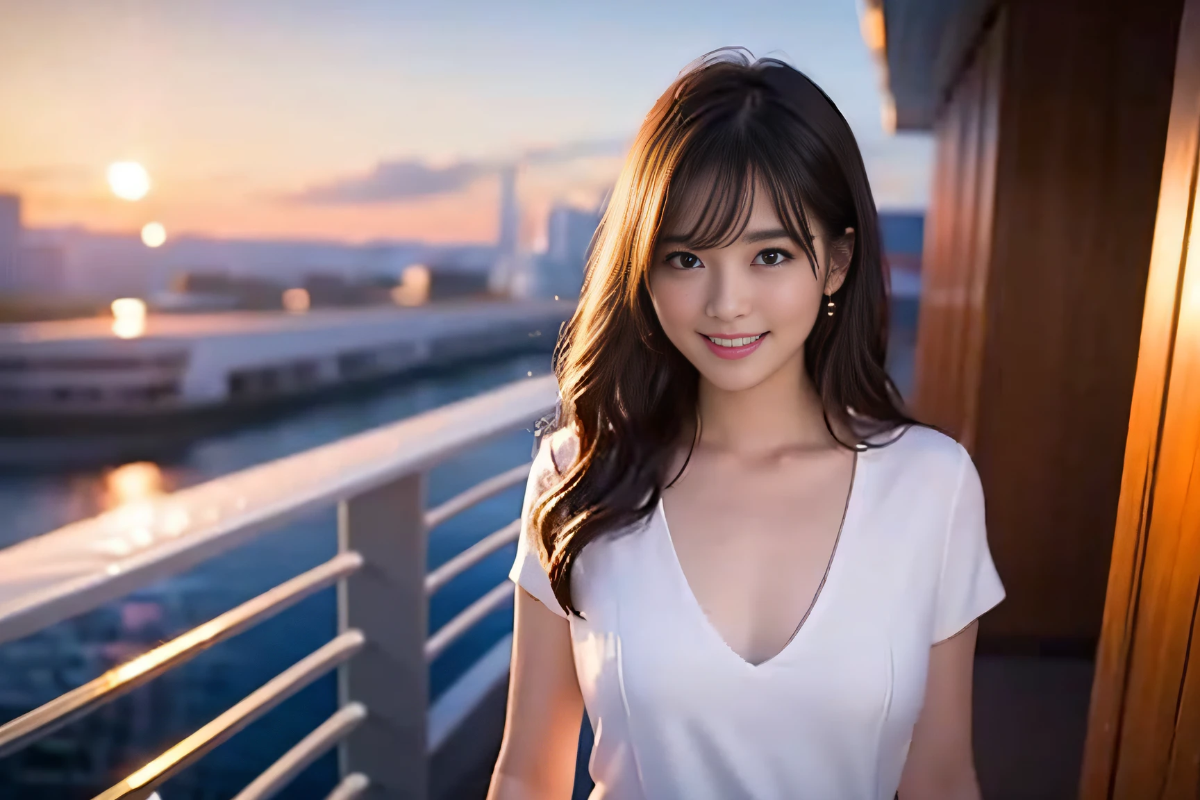 1girl in、(looking looking at viewer)、(bokeh dof:1.1)、Parted lips、Shy smile、realisitic、cabin attendant、A sexy、Beautuful Women、sky line、realisitic、