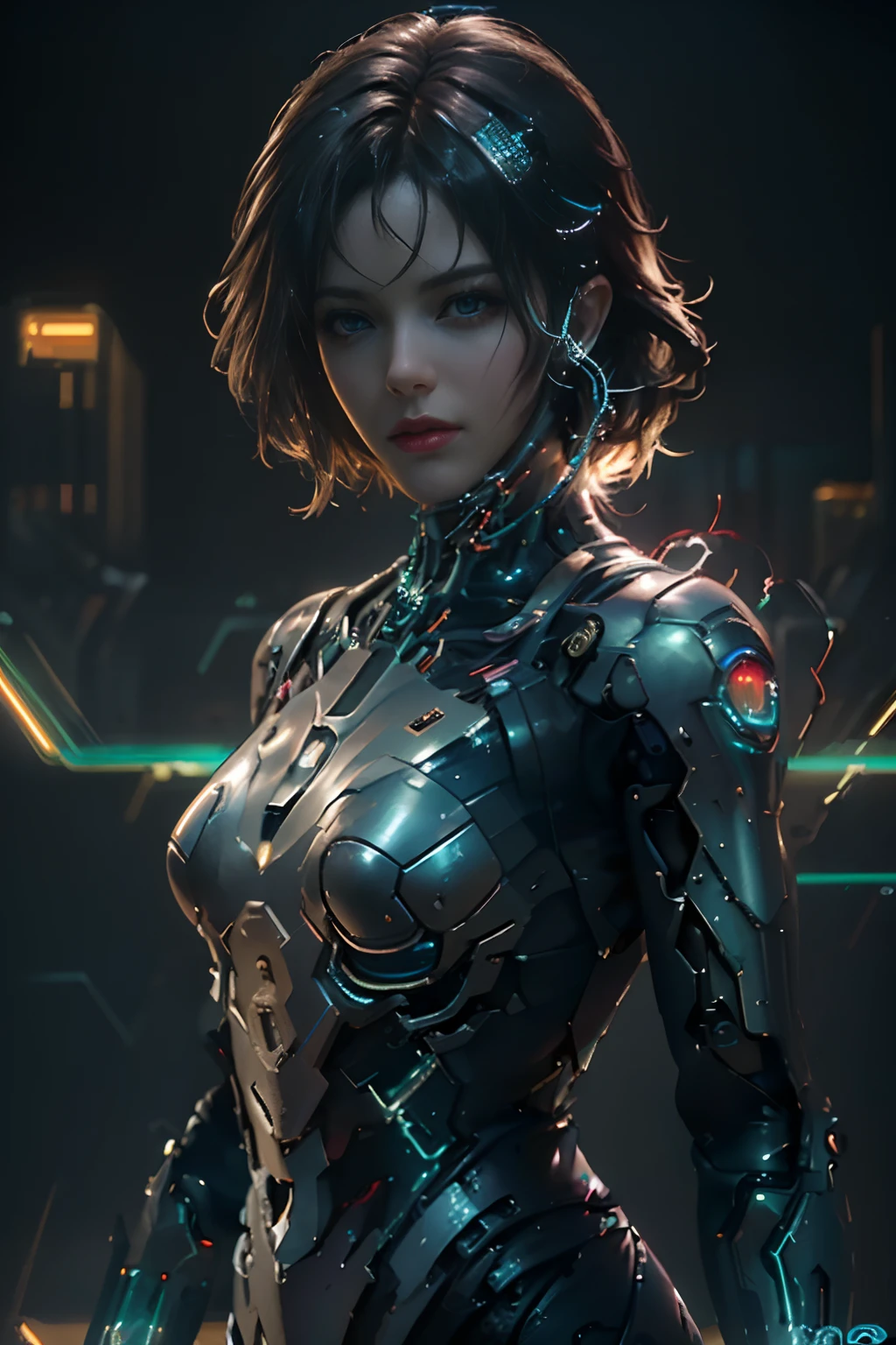 (Photorealistic:1.4) image of a cyber punk girl, (top-quality, 8K, 32K, masterpiece) , (dynamic pose), ((facing camera)), cowboy shot, shapeless hair, colorful hair, colorful cyberpunk combat armor,depth of field f/1.8, cyberpunk city background, cinematic lighting.