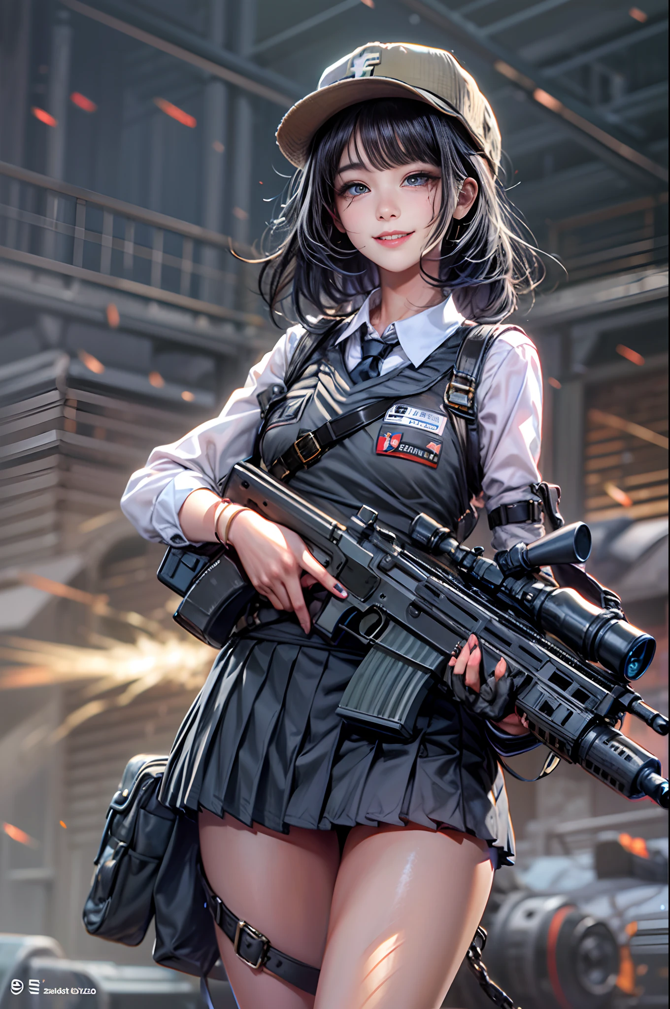 Photorealsitic, hight resolution, 1 rapariga, Korea person, Heterochromia eyes, small moles under eyes,(tmasterpiece), (top-quality), realisticlying, ciinematic light, ((Smiling schoolgirl with machine gun)),  Posing with sexual overtones, Battlefield Background, the perfect body, Black eyes, Black hair、Blunt bangs、