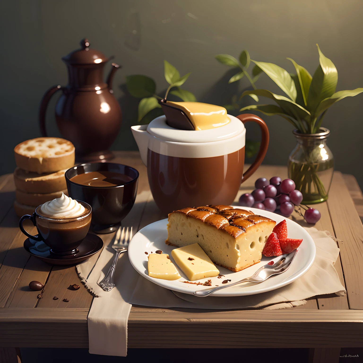 A table with a cup of coffee, junto a ella un queso cotagge  ruso y una cesta de pan, ckn algunas frutas