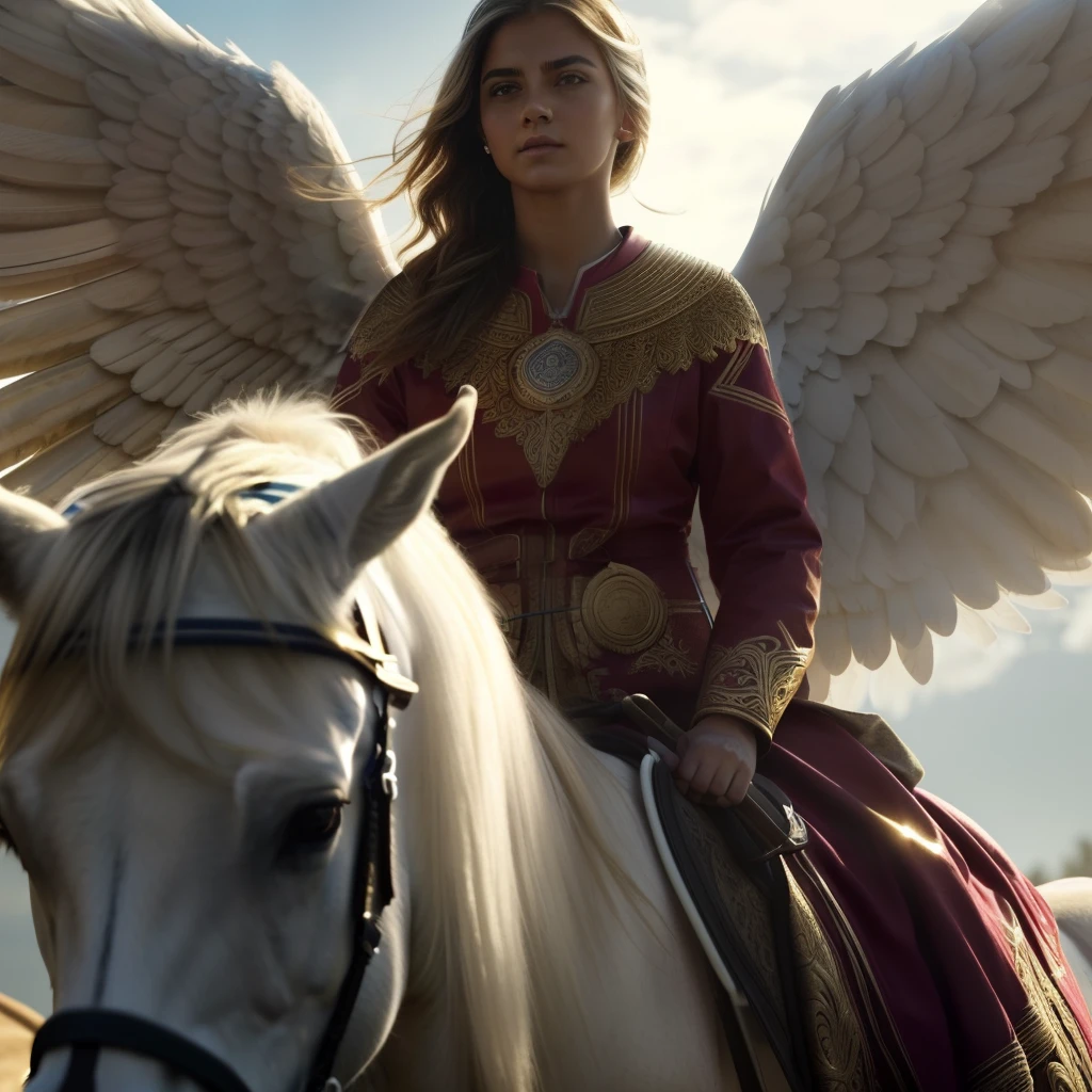 (((Holy GUARDIAN ANGEL on a horse 19 years old))) ((( Con una cara seria y piadosa. Con una mirada dulce y tierna))) (obra maestra, calidad superior, mejor calidad, arte oficial, beautiful and aesthetic: 1.2), (1girl), extremadamente detallado, (Arte fractal: 1.3), colorido, highest detailed, Cara perfecta, parte superior del cuerpo, HDR, (orando: 1.3), (golden lines of white coat: 1.2), galaxia, (rayas de luz), eye-catching visuals, (dynamic stripes, senderos luminosos: 1.2), colores vibrantes,