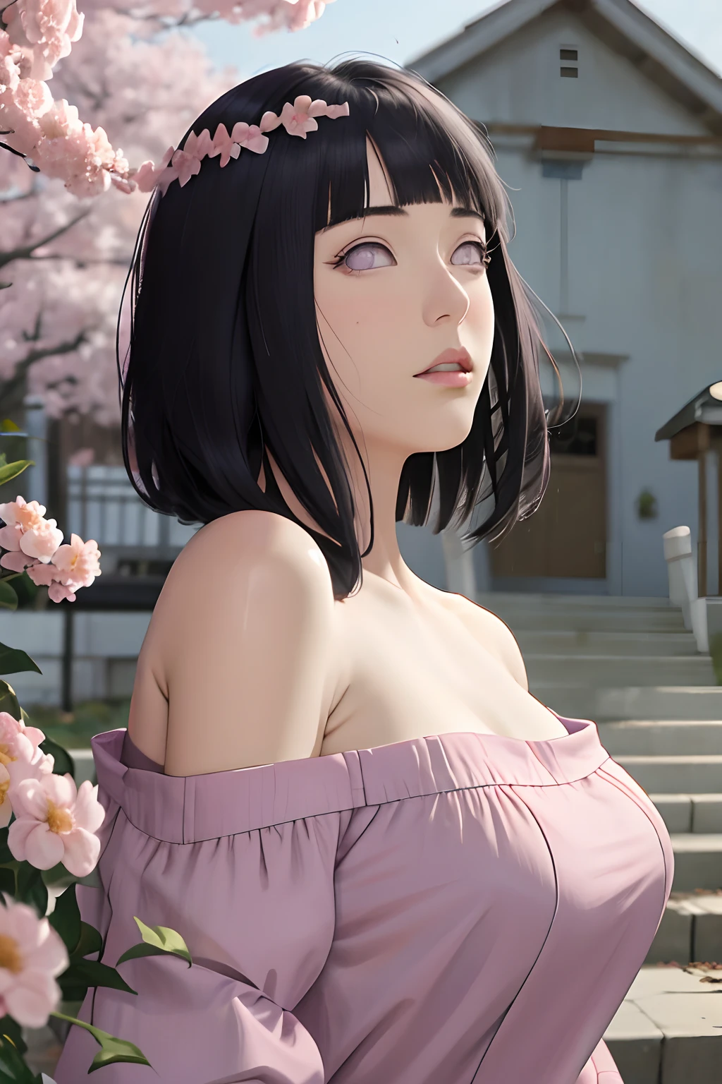 masterpiece, absurdres, hinata\(boruto\), 1girl, solo,mature female, off-shoulder oversized shirt, looking at viewer, (falling petals), perfect composition, detailed lips, big breast, beautiful face, body propotion, blush, (pink lips), long hair, purple eyes, soft gaze, super realistic, detailed, photoshoot, realistic face and body, side view
