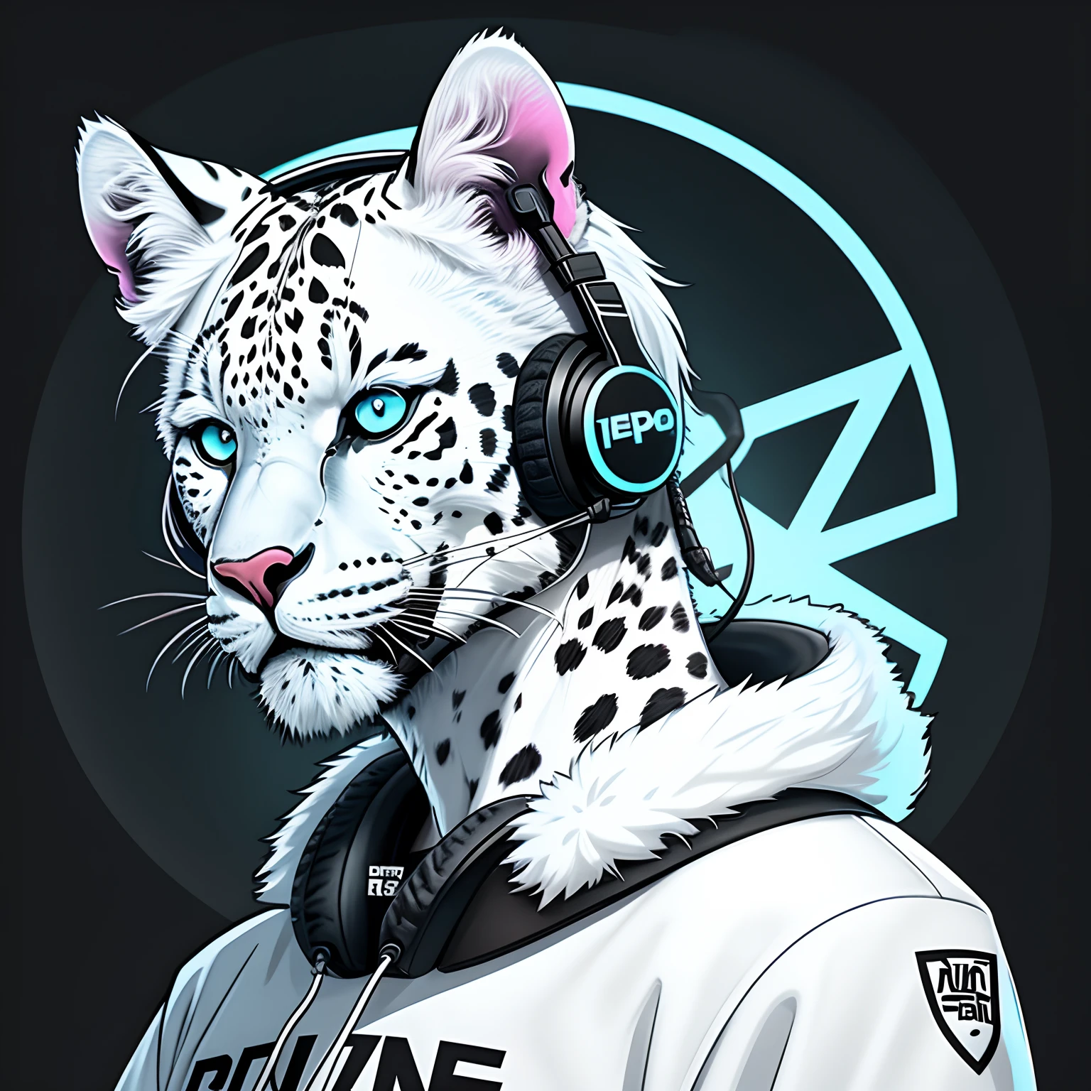 Leopardo branco leopardo das neves design legal, graph design, vaporwave, Logotipo, rapper, DJ, jogador, fone de ouvido, estilo hiphop phonk, estilo musical, Logo, olho preto, fursona, furry, Headset headset LED headphone around neck