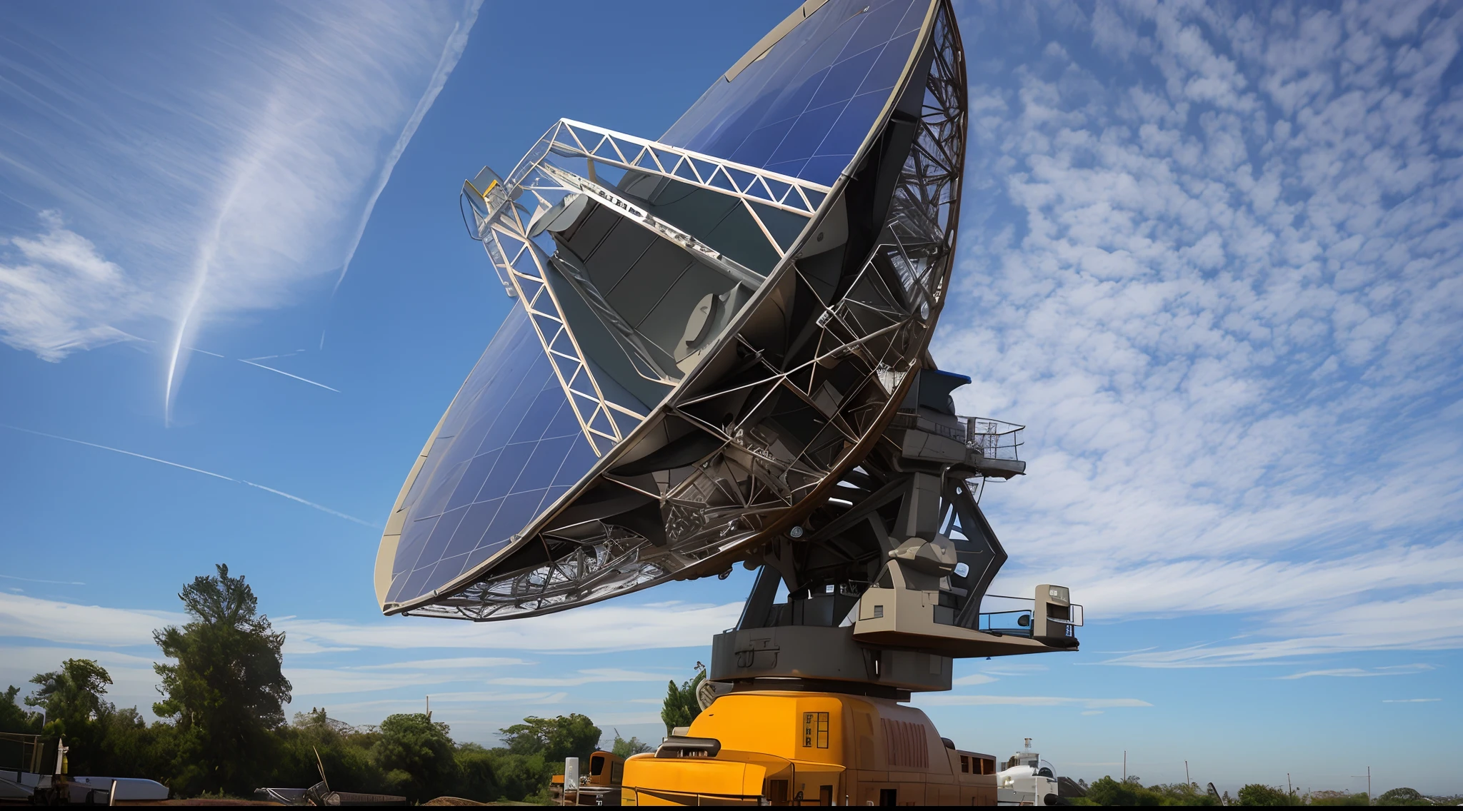 Arafed satellite dish on a train track with a blue sky in the background, grande matriz, radio telescope, alien antenna, a foto mostra um grande, antena, Space telescope, 4074294527, satellite, big telescope in front, 555400831, um radar enorme