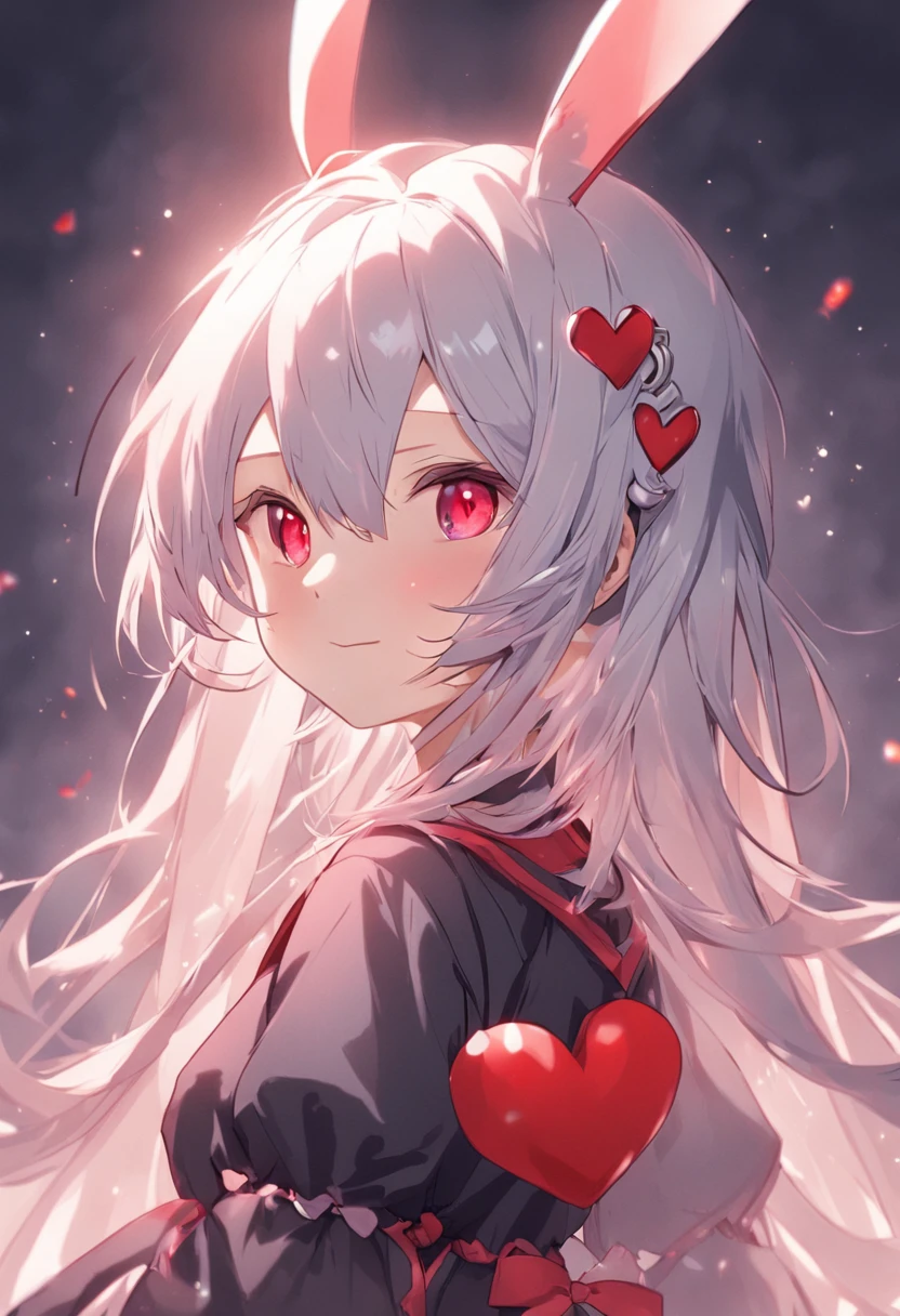 White hair, ahoge, Long hair, Braided bangs, maid headdress, hair bobbles, Red eyes, long eyelasher, Heart-shaped eyes, Rabbit ears, kemonomimi mode, Evil smile, Anime style, hyper HD, retinas, Masterpiece, ccurate, Anatomically correct, Textured skin, Super detail, High details, High quality, Award-Awarded, Best quality, A high resolution, 16k,Rabbit ears drooping to the sides