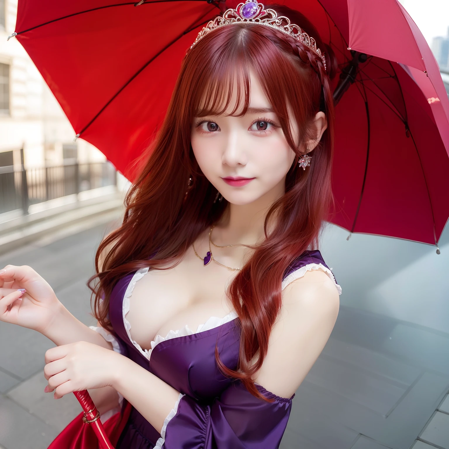 1girl, breasts, solo, cleavage, looking at viewer, long hair, red hair, wide sleeves, building, red eyes, smile, stained glass, city, very long hair, moon, dress, long dress,wearing a purple dress, wearing a big necklase, wear a crown, holding an umbrella