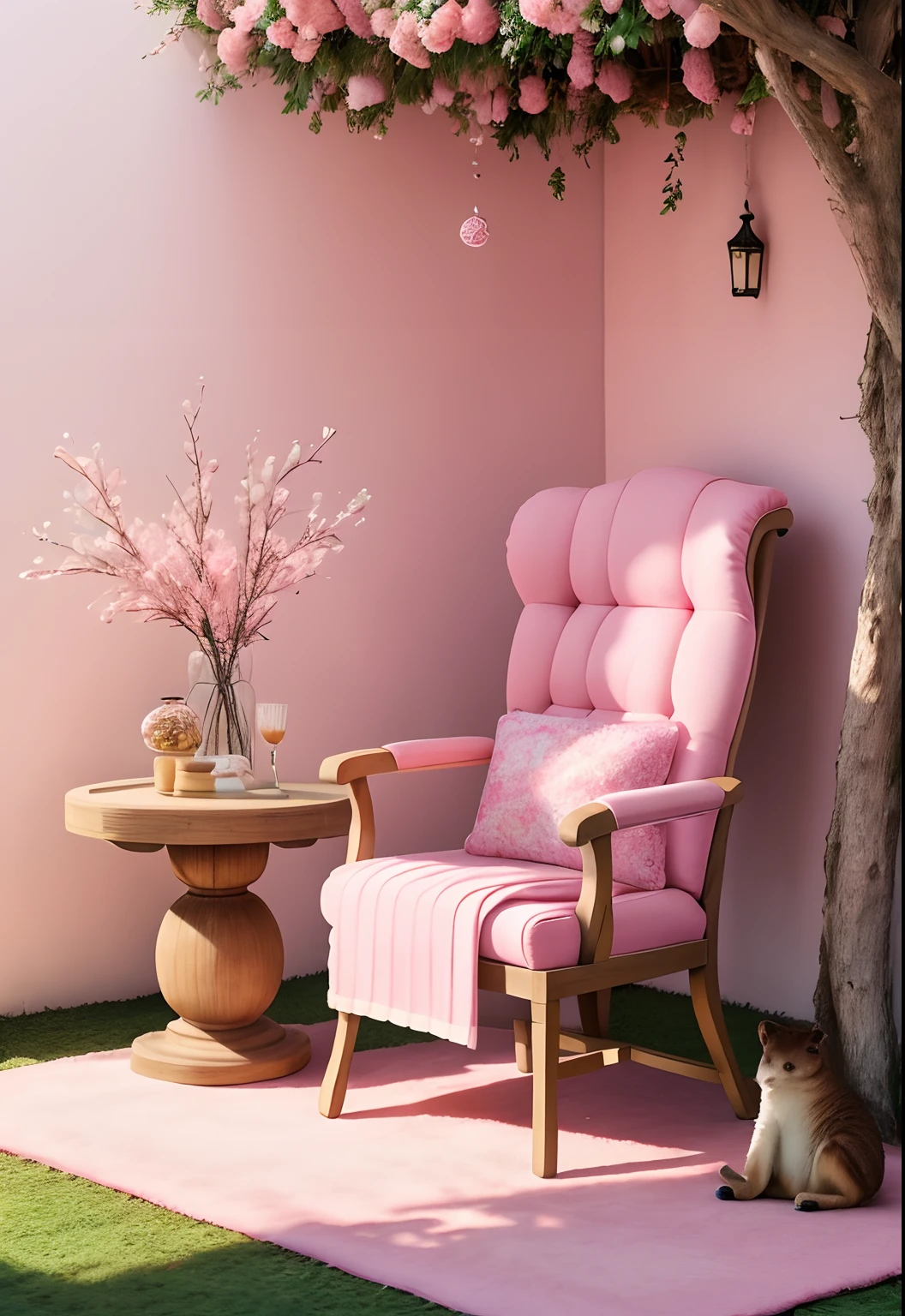 "paisaje, con ositos adorables, fondo rosa suave, flores de colores pasteles, A pink armchair next to it, pink carpet in high definition super professional 4K."