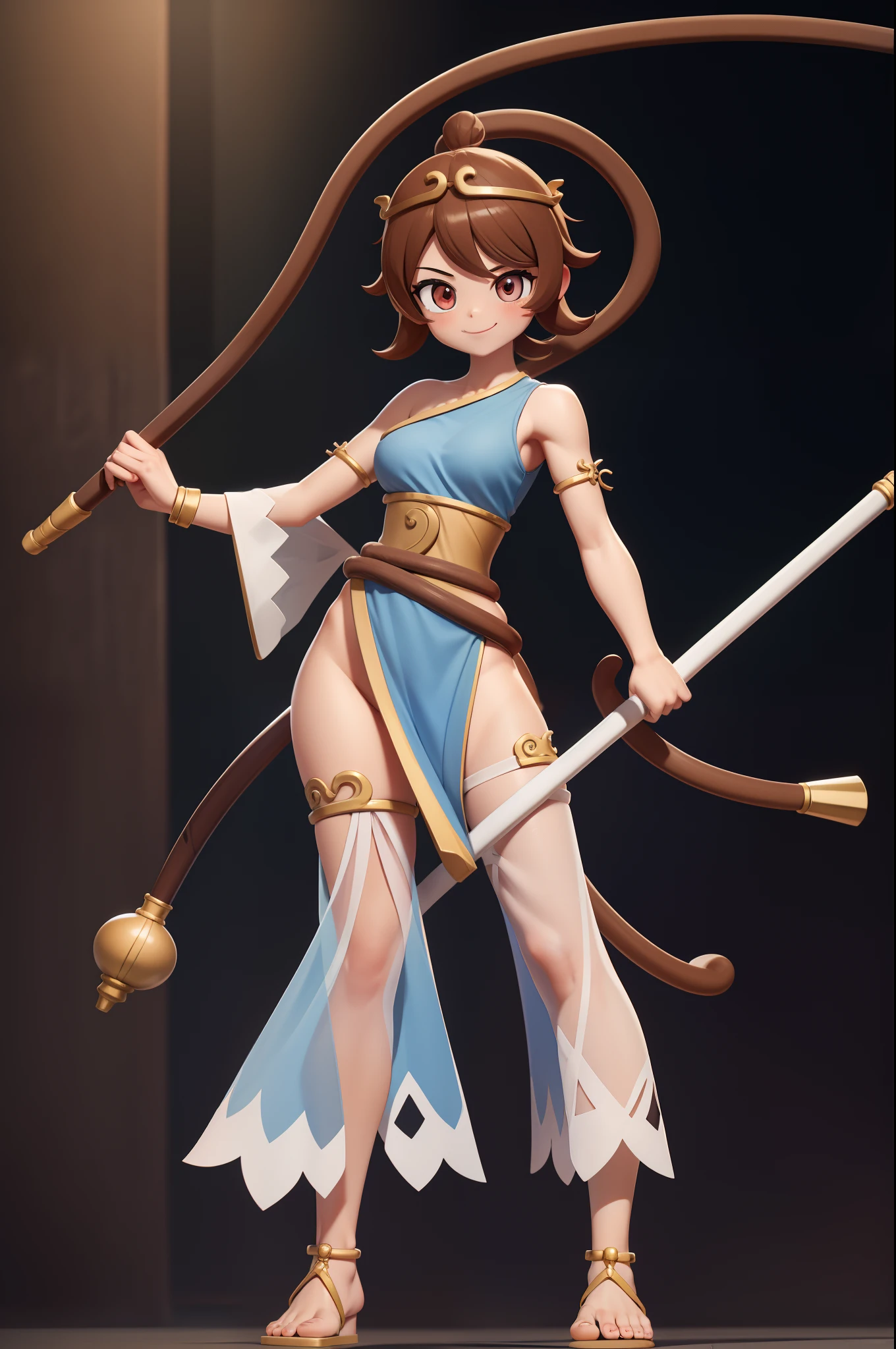 , son biten, breast, monkey girl,smile, full body, holding (battle staff), standing