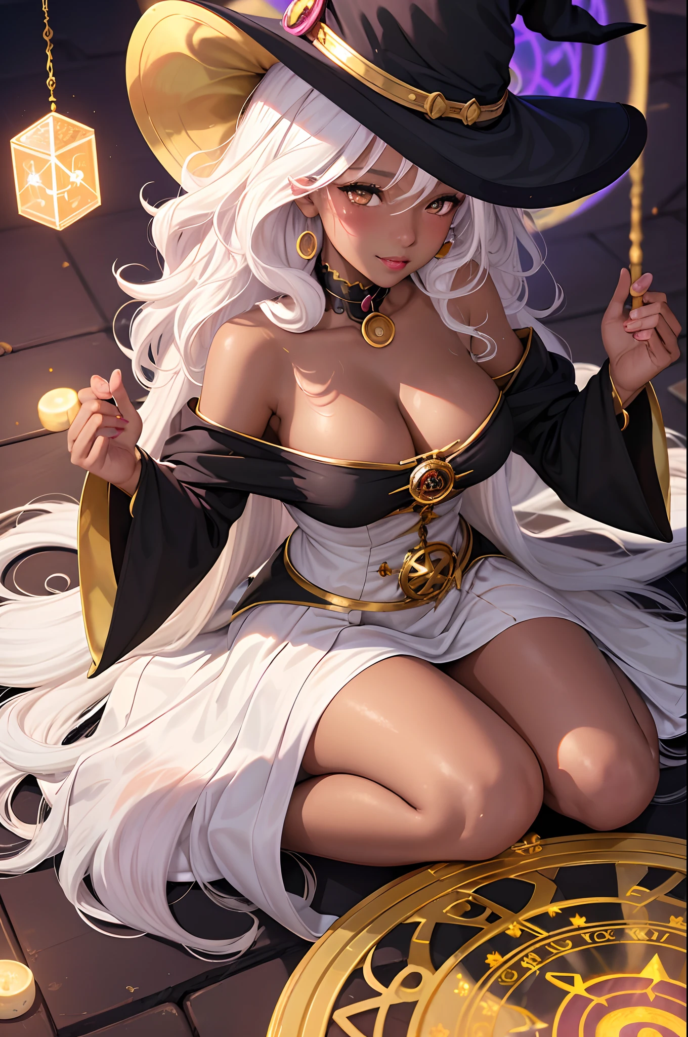 (best quality:1.1), (masterpiece:1.4), (absurdres:1.0), portrait, 1girl, (voluminous hair)+ , ((curly hair))++, long hair, ((dark skin))++, (((white hair))), (gold eyes), long hair, medium breasts, (blush:1.2), smile, (big lips)+, (juicy lips)+, (blush), vibrant colors, eyeliner, lipgloss, blush, sidelocks, (black horns), stockings, cleavage, choker, (witch costume, circle of transmutation, girl performs an occult ritual, magical glow, magic hand passes:1.4), (hex girl)+, potions, magic spells, hex