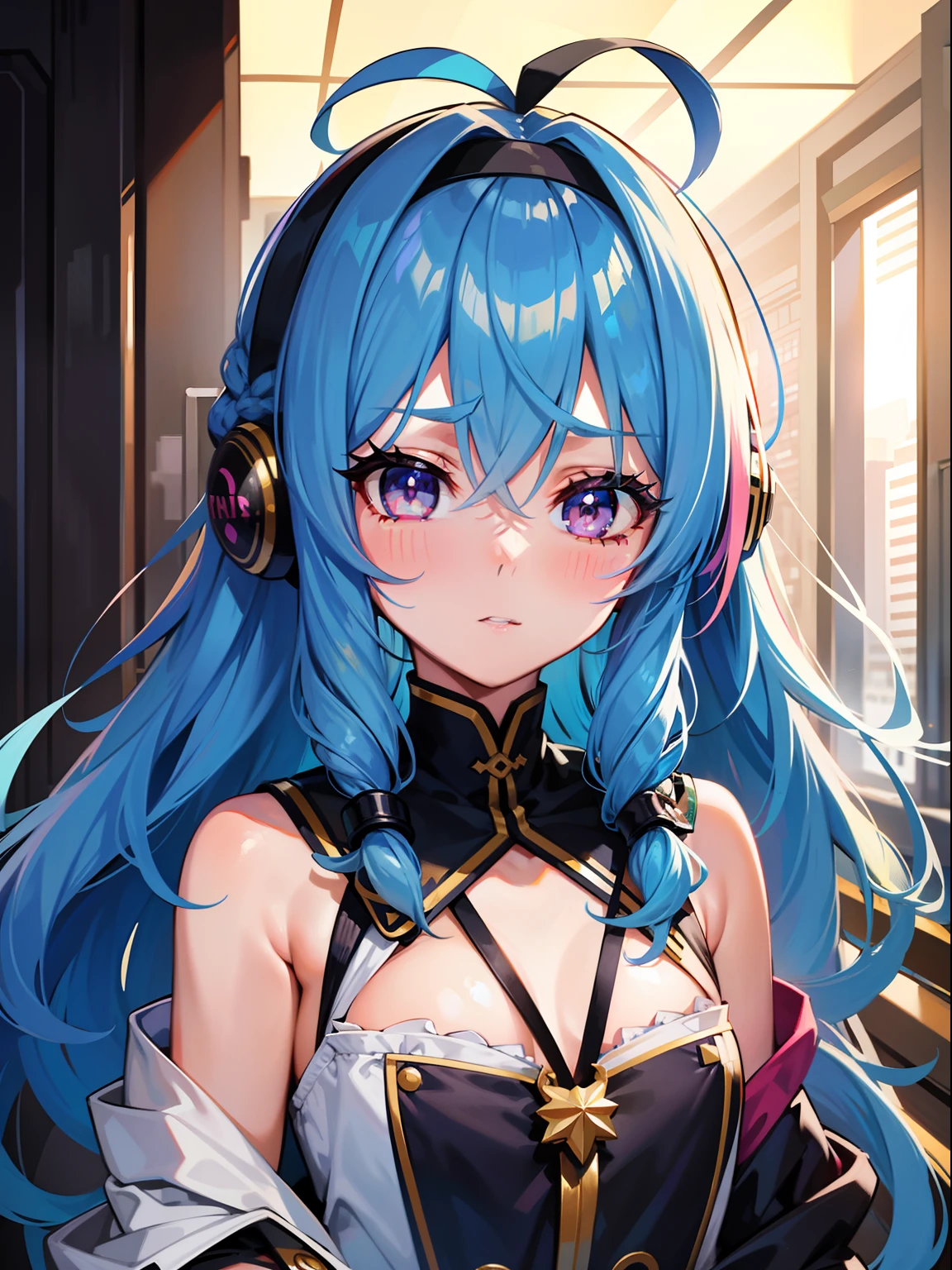 a beautiful young woman, blue eyes, blue hair, blue jumpsuit, headphones, full body, detailed portrait, masterpiece, photorealistic, intricate details, vibrant colors, glowing skin, dreamlike, serene expression, soft lighting, ethereal, whimsical, elegant
