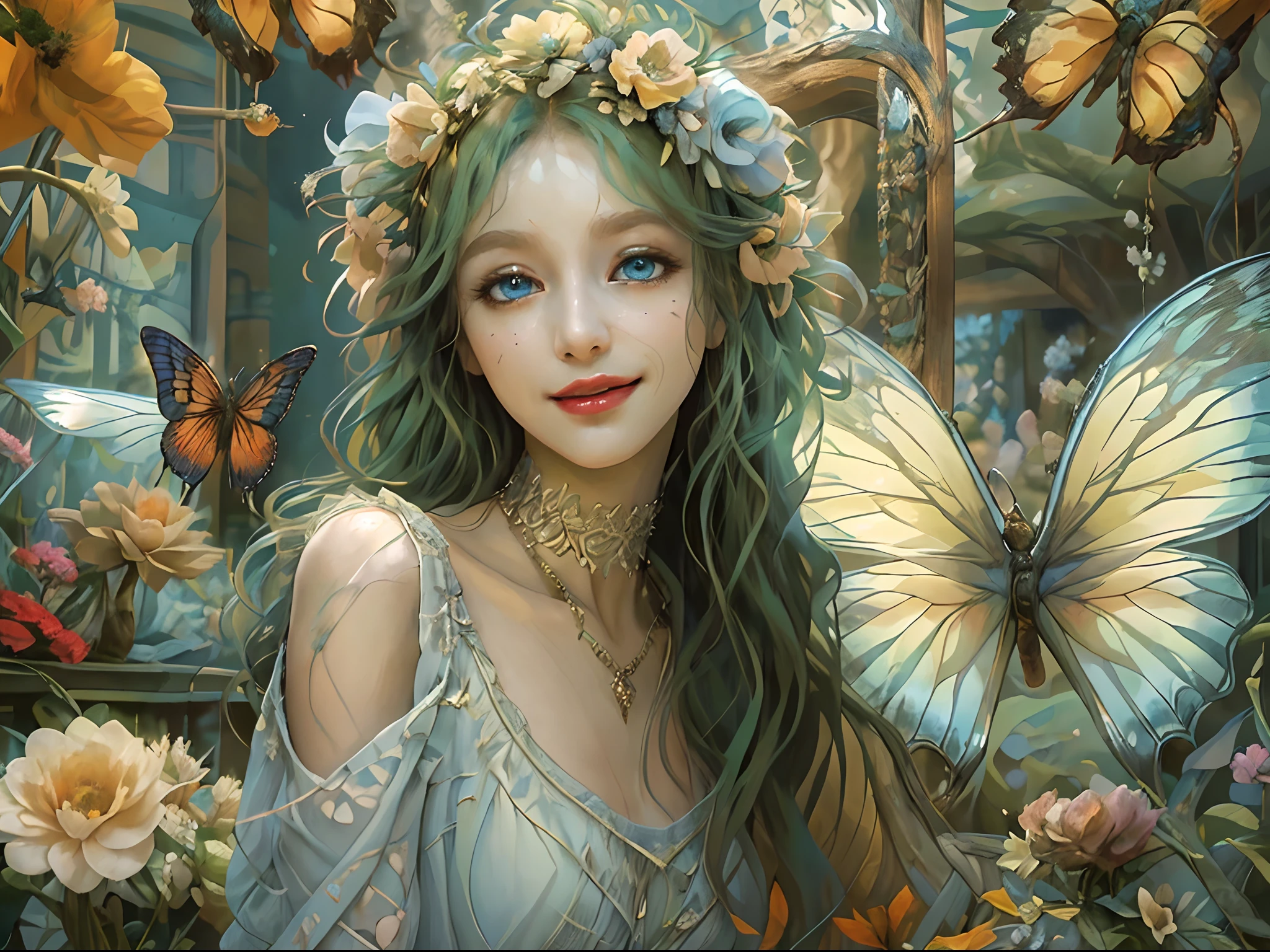 high details, best quality, 16k, RAW, [best detailed], masterpiece, best quality, (extremely detailed), full body, ultra wide shot, photorealistic, fantasy art, RPG art, D&D art, a picture of a fairy selling flowers in a florist shop, extremely beautifil fairy, ultra feminine (intense details, Masterpiece, best quality), best detailed face  (intense details, Masterpiece, best quality), butterfly wings (intense details, Masterpiece, best quality), multy colors wings (intense details, Masterpiece, best quality), light green hair, long hair, shinning hair, flowing hair, shy smile, innocent smile, blue eyes, red lips, wearing bright skirt, dynamic elegant shirt, chocker, wearing high heels, in flower shop (intense details, Masterpiece, best quality), extreme many flowers (intense details, Masterpiece, best quality), colorful flowers (intense details, Masterpiece, best quality), flower shop in a modern era street, High Detail, Ultra High Quality, High Resolution, 16K Resolution, Ultra HD Pictures, Ultra Realistic, Clear Details, Realistic Detail, Ultra High Definition