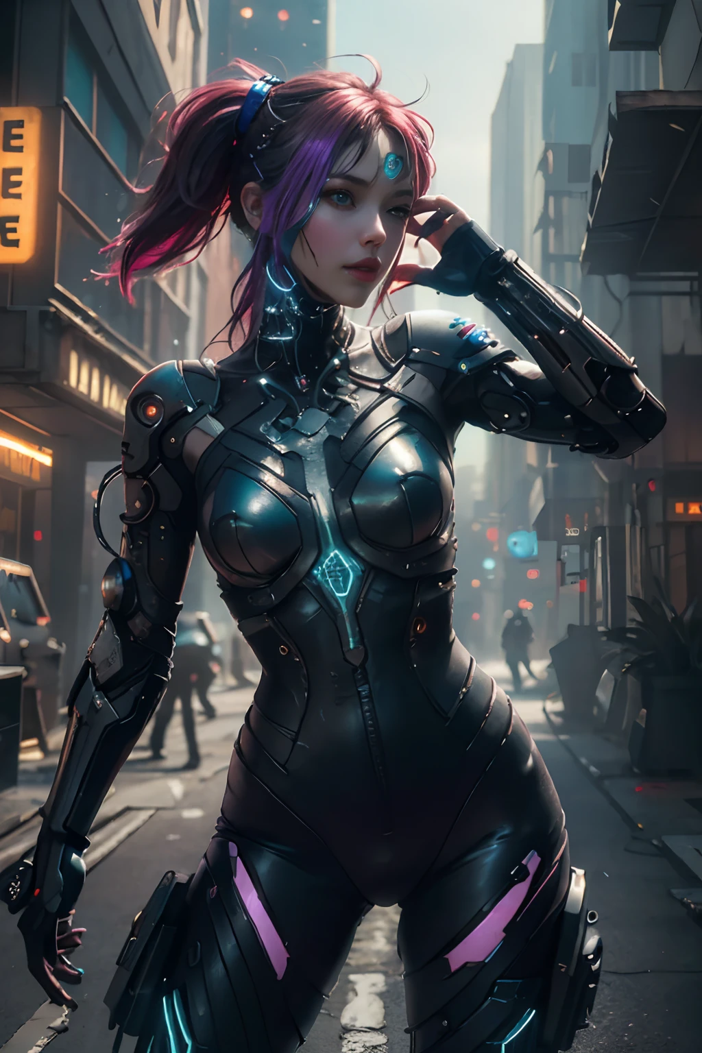 cyberpunk city full of robots like transformers wearing flowers looking up at sky which has turned into purple bluish glowing ball