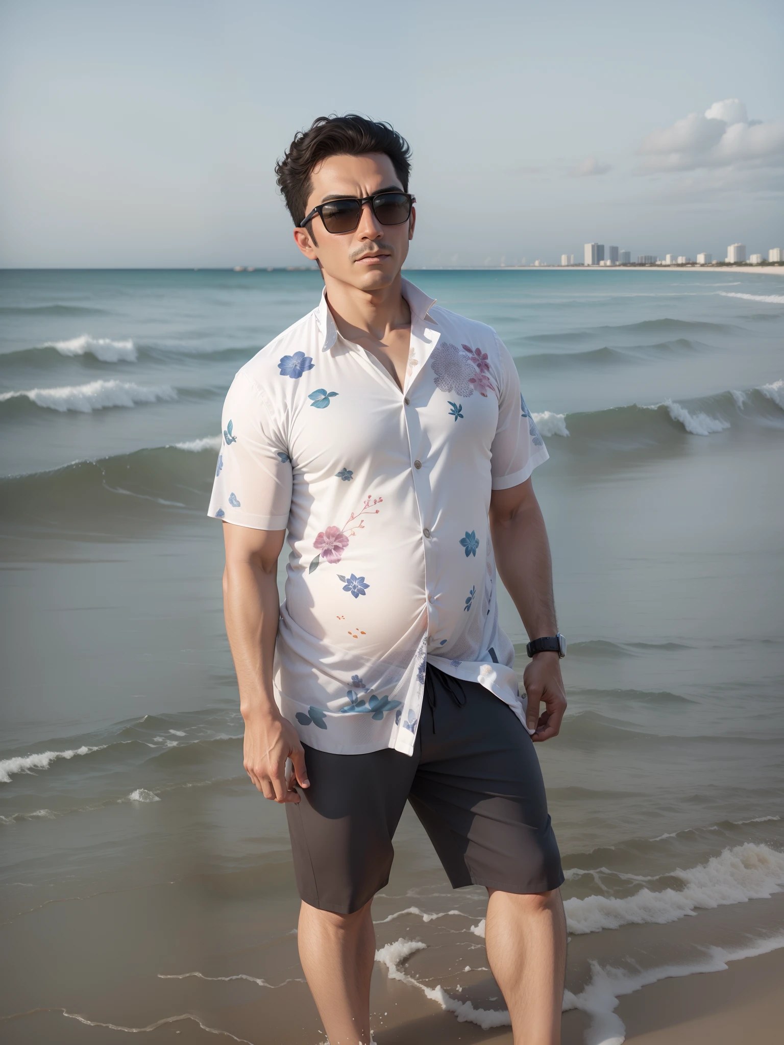 Change background with beach of Miami. And also reduce my belly size with high resolution