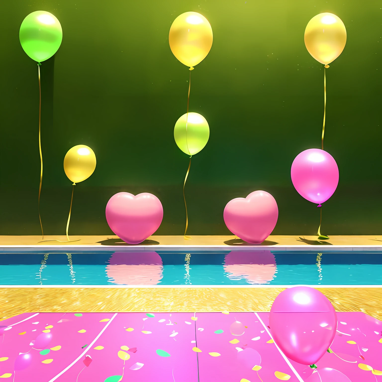 festa no jardim com piso de glitter dourado, Piscina longe com piso gramado, with balloons on pink green and gold background, background, Scenery with floor, golden balloons