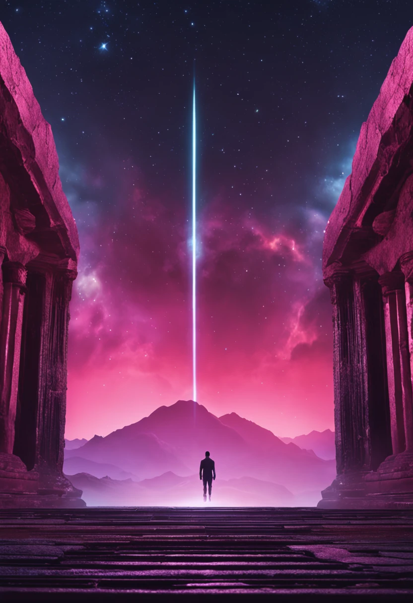 Man opening a door of another dimension, com uma tonalidade azulada e fundo preto