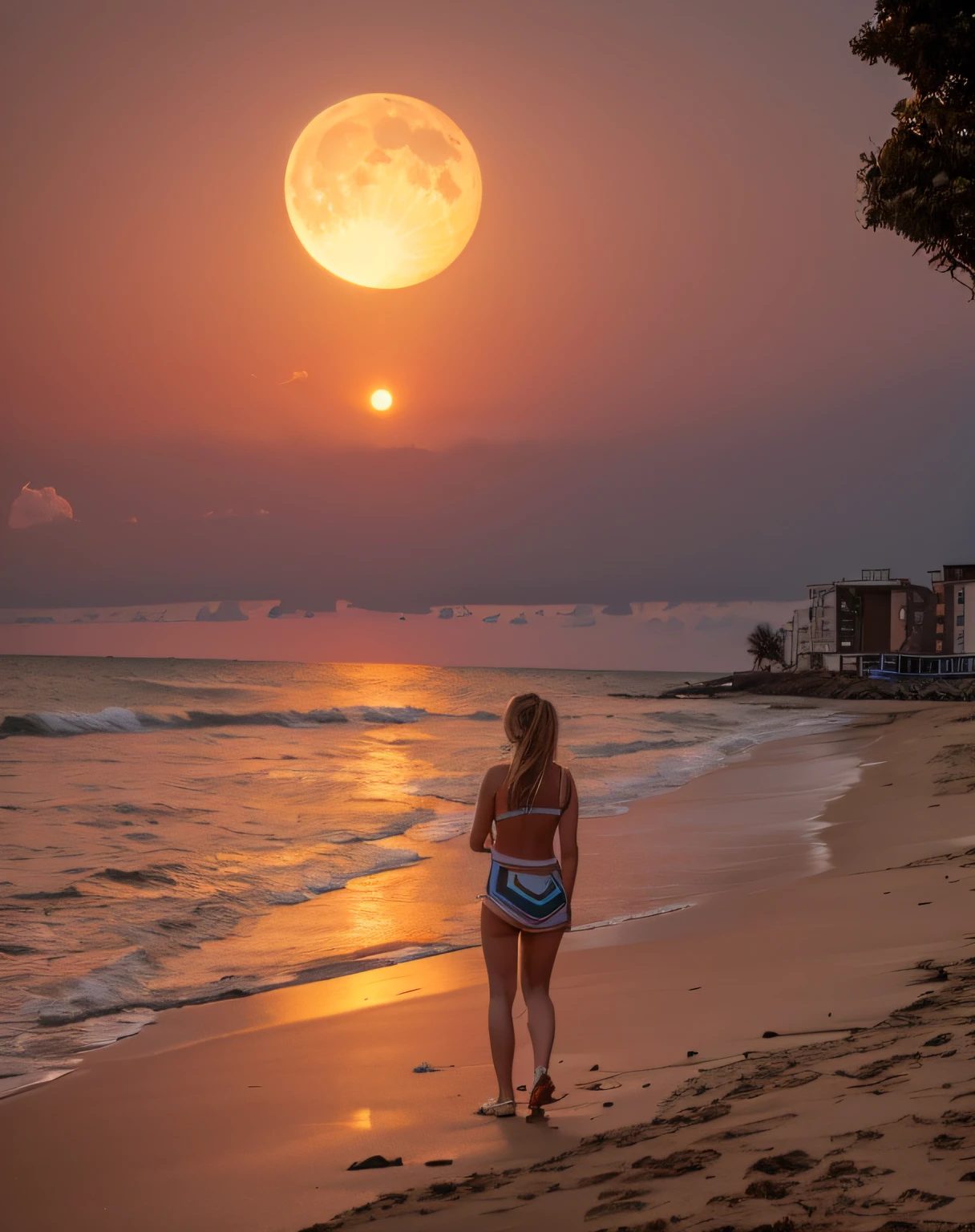 there is a woman walking on the beach with a surfboard, at beach at sunset, standing at the beach, at the beach on a sunset, standing beside the ocean, on the beach at sunset, posing on a beach with the ocean, in front of a full moon, standing near the beach, in front of a pale full moon, standing on the beach at sunset, nudify