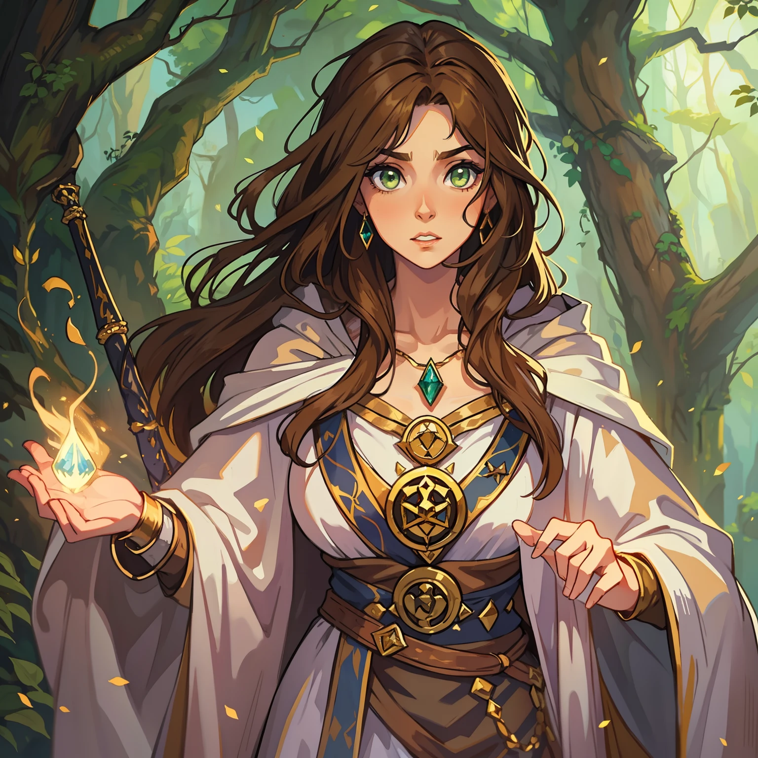 A beautiful woman with green eyes and brown hair she is a witch sorceress wearing white and gold robes Noble robes A princess of magic and an embarrassed look ((corada)) Um fundo de parede de madeira Uma arte para um RPG Uma arte medieval para RPG