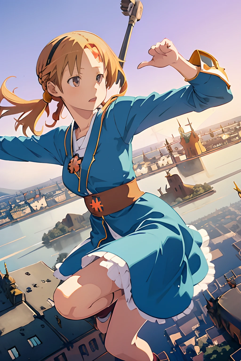 2nd anime, Early morning, sunrise light, Aerial view, (background is Heidelberg:2.0), a girl is flying astride on broom in the sky high, the girl is 16yo Japanese, her expression is determined, her beautiful and cute face, she is wearing simple blue dress, a storybook illustration by Hayao Miyazaki, pixabay contest winner, fantasy art, stunning 3d render of a fairy, two legs, five fingers, two arms