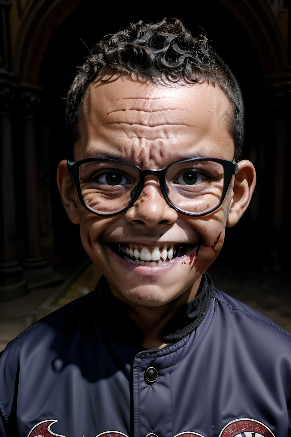 loranerdinho1, em (((garoto vampiro))) de 3 anos de idade, usando sobretudo e capa preta, com gola alta, ((dentes caninos longos de vampiro)), Seu rosto esta sujo de sangue de suas vitimas. The setting is nocturnal and sinister, com  um castelo medieval em desfoque no fundo. realista, detalhado, 8k, arte conceitual