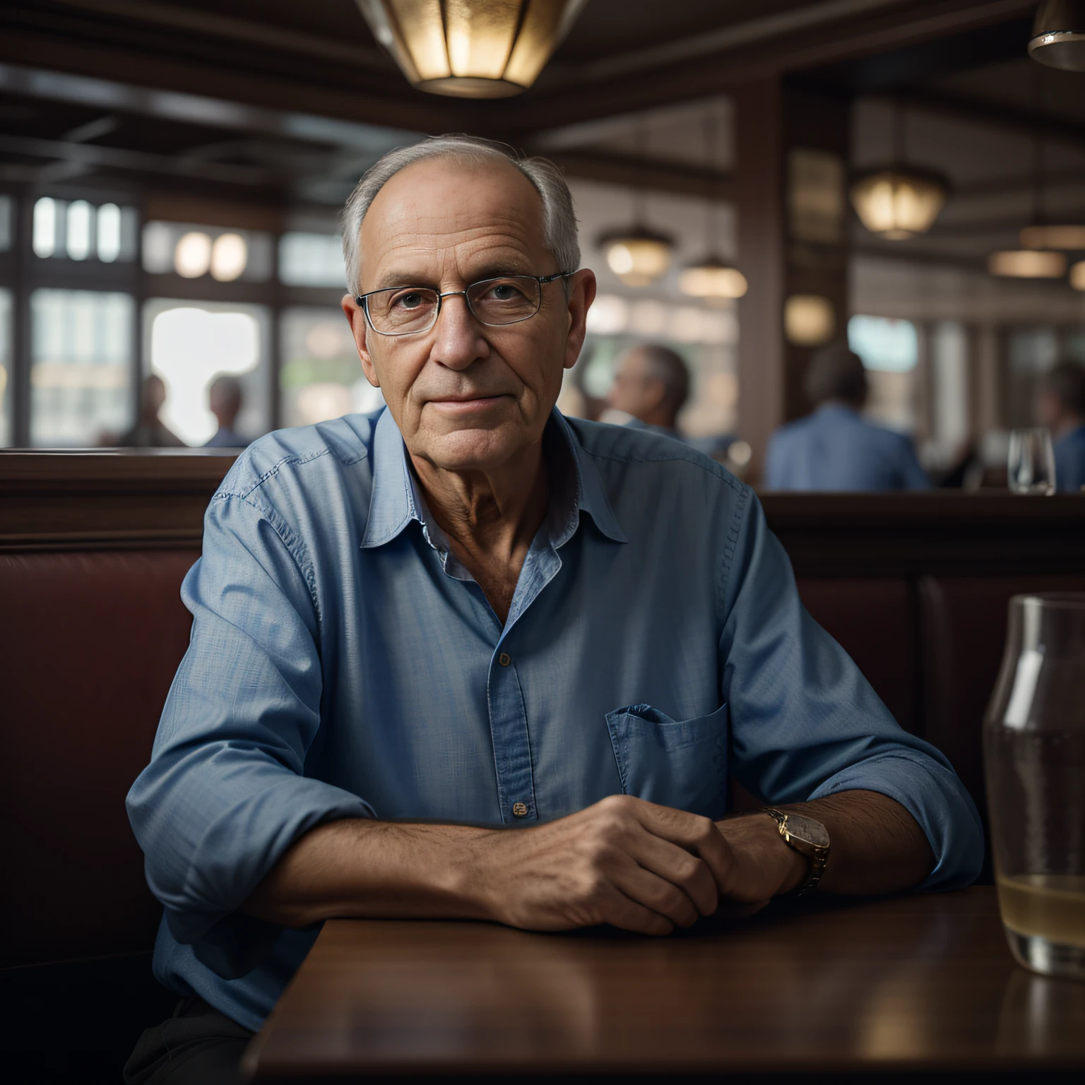 Older man sitting at a table in a restaurant with a glass of water, cinematic portrayal, Cinematic realistic portrait, foto retrato realista, O olhar de um idoso, Directed by: Ludwik Konarzewski, retrato de alta qualidade, foto do retrato de um homem velho, Retrato tirado 8 K, retrato da vida real, color photograph portrait 4k, retrato detalhado, foto de retrato detalhada