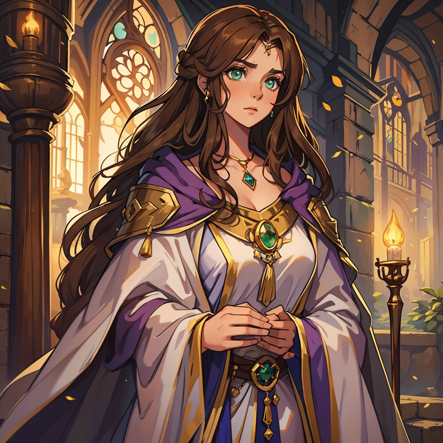 A beautiful woman with green eyes and brown hair she is a witch sorceress wearing white and gold robes Noble robes A princess of magic and an embarrassed look ((corada)) Um fundo de parede de madeira Uma arte para um RPG Uma arte medieval para RPG