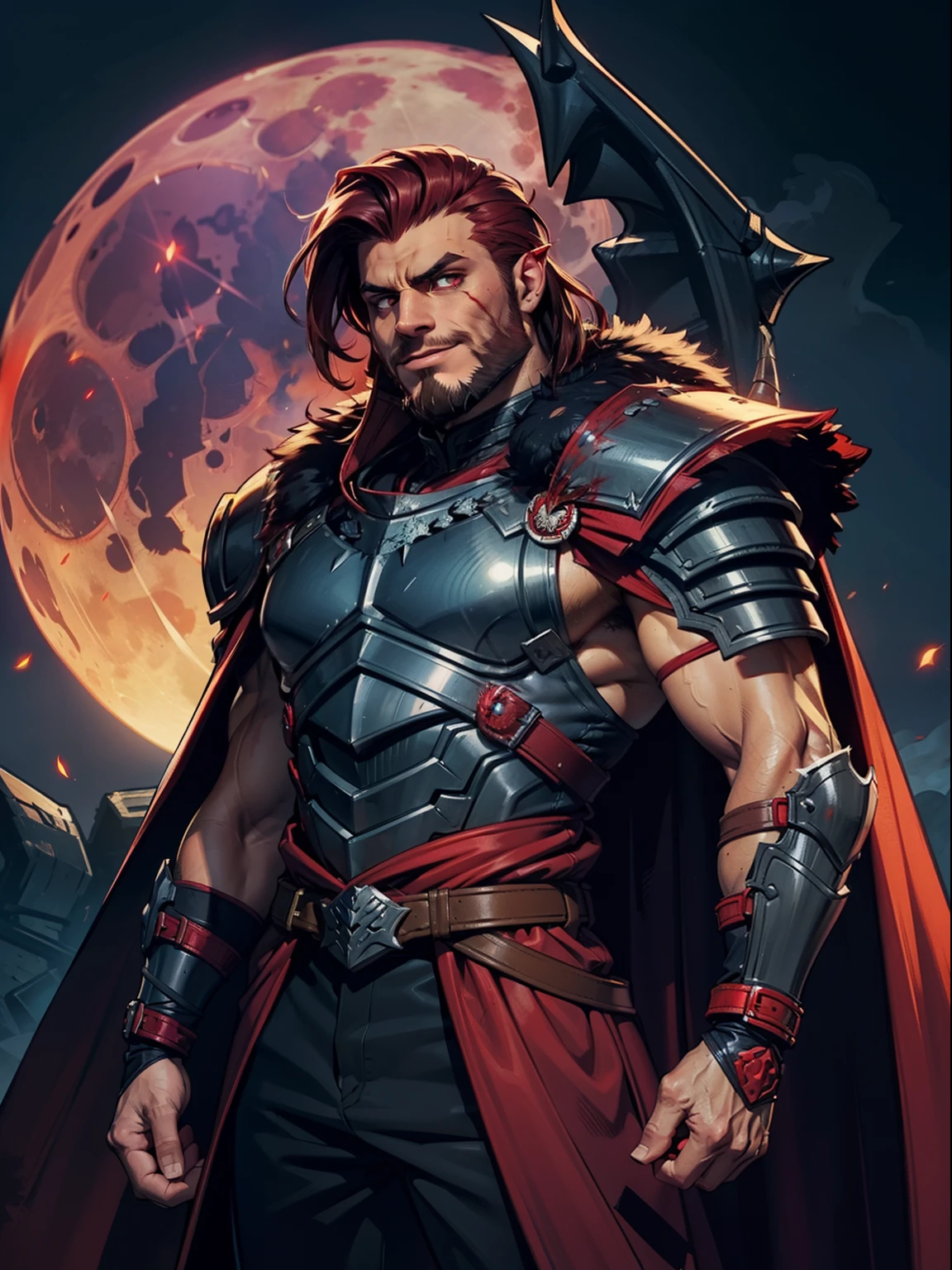 Dark night blood moon background, Darkest Dungeon style, game portrait. Sadurang from Marvel, hunk, buffed physics, short mane hair, mullet, defined face, detailed eyes, short beard, glowing red eyes, dark hair, wily smile, badass, dangerous. Wearing full armor with red dragon scales, cape of furs. Breath fire.