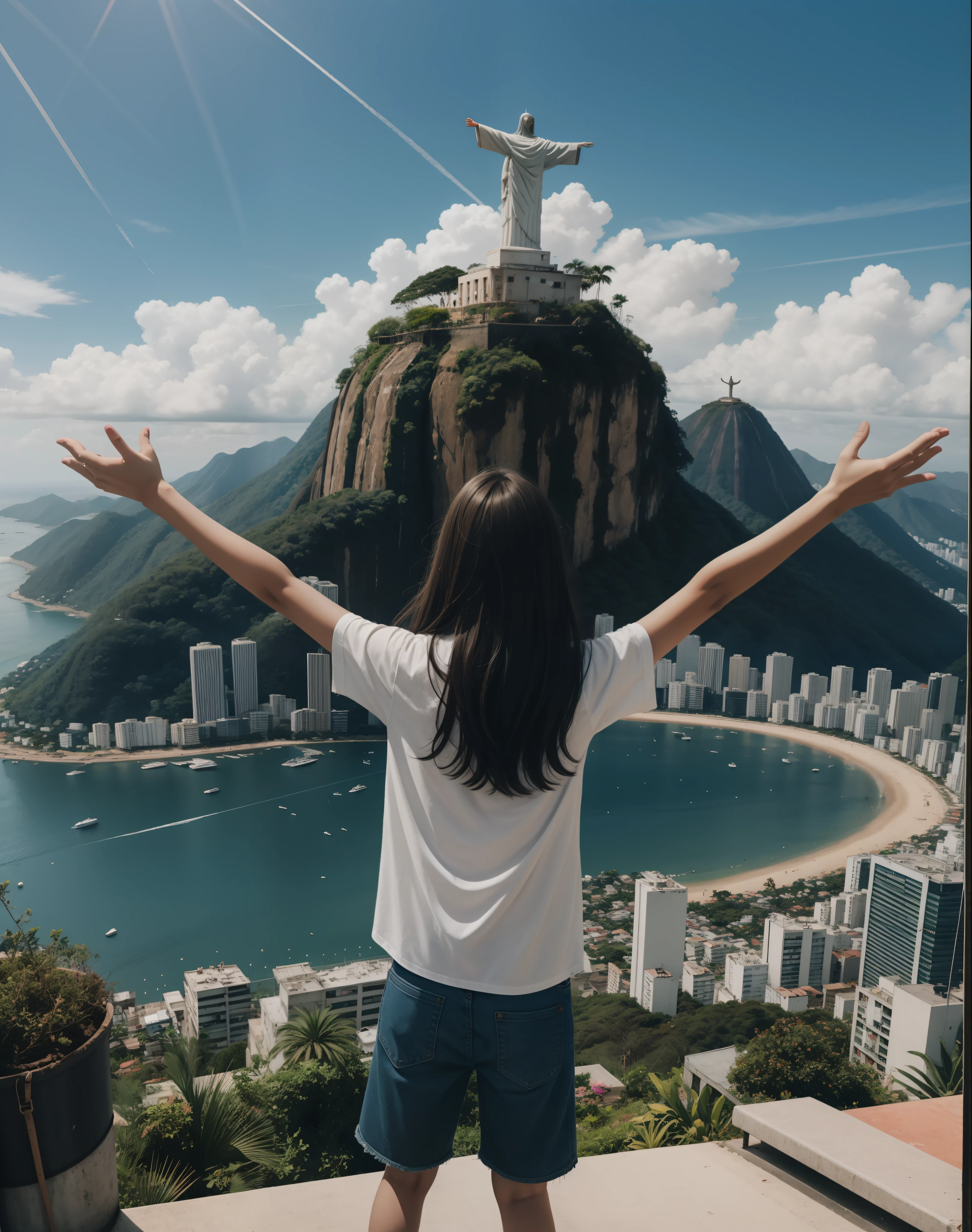 (r with open arms, de frente para uma paisagem da favela do rio de janeiro, Ao fundo, no alto do morro, is Christ the Redeemer, detalhes realistas, cabelo do adolescente estilo moicano, corte americano, behind Christ the Redeemer there is a sign with the name PHASES, letras grandes da bebas neue, dourada, highes definition :1.2, cinematograph, favela, ruas, rio de janeiro:1.1, realista, Upscale, disco Rigido:0.9)