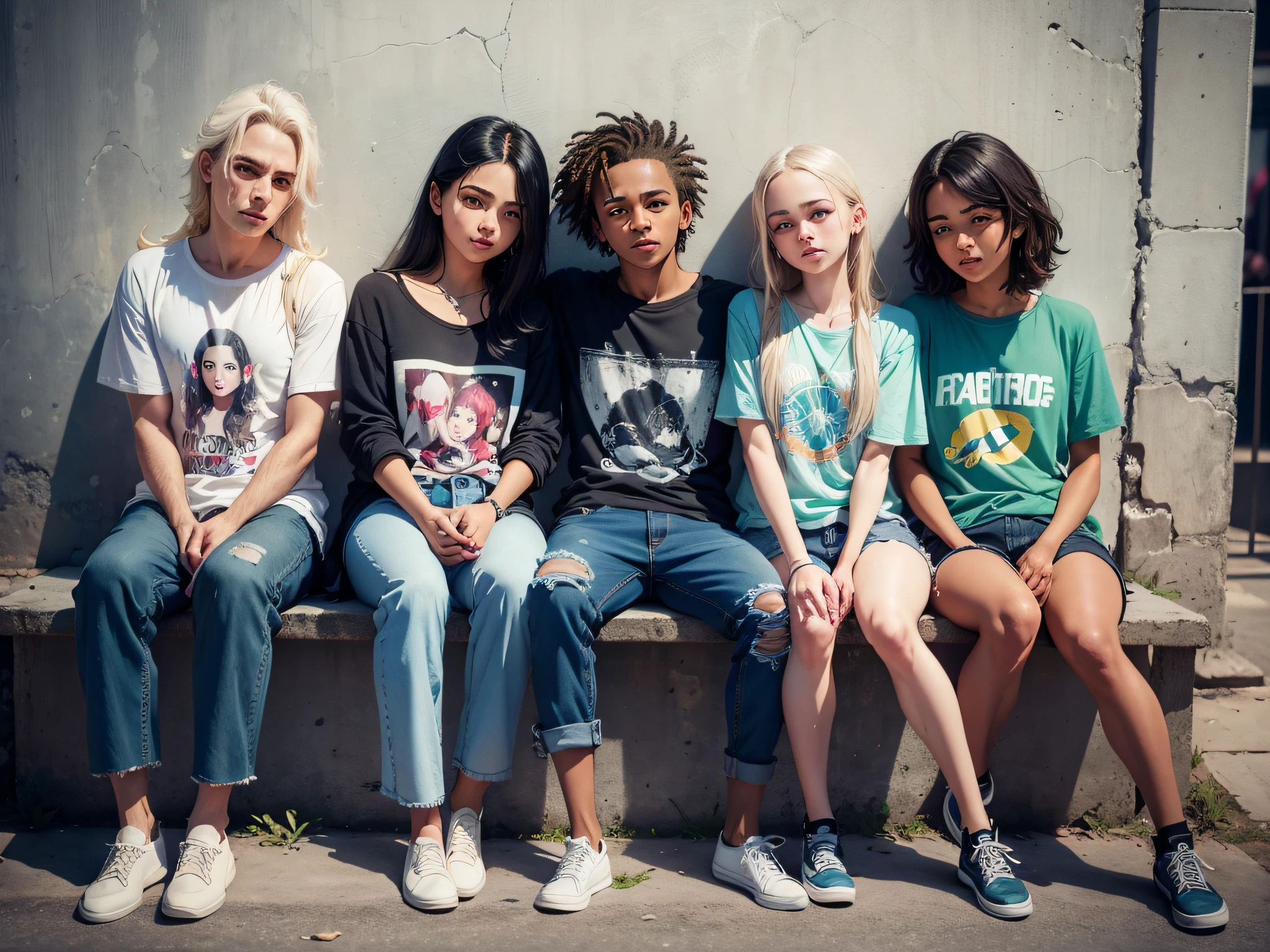 /imagine prompt: Um quinteto de adolescentes, vindos do rio de janeiro, brazil, e com idades entre 13 e 17 anos, detalhes dos rostos hiper-realistas, detalhados, olhos detalhados, Meets casually on a concrete bench against an industrial brick wall. Suas roupas, uma mistura de camisetas estampadas de rock e jeans bem usados, exude a rebellious vibration, contestadora. Colorful sneakers appear underneath worn denim cuffs. Their faces tell stories of carefree shenanigans and camaraderie, while cryptic smiles suggest shared secrets. A sense of youthful nostalgia permeates the scene, como se o tempo parasse em sua bolha cheia de risadas. Filmada por Alex Chen, usando uma Sony Alpha 7 III com lente 50mm f/1.8, Lighting combines soft studio lighting with cinematic flair, casting dramatic shadows that add depth to your expressions. --v 5 --q 2