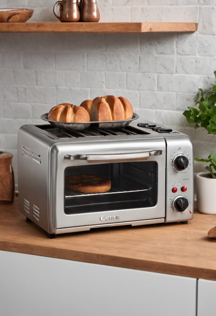 A medium-shot of a kitchen counter with a retro-style toaster oven in the center.