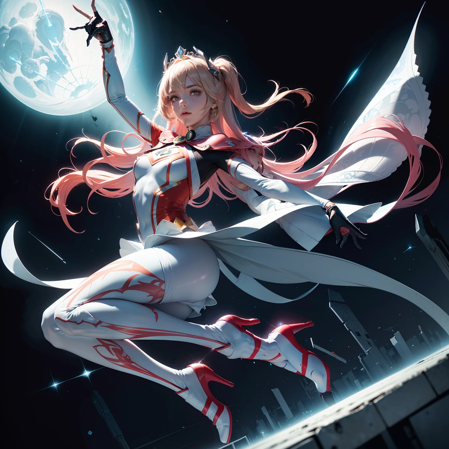 (Full body:1.5),(1girl in:1.3),(Looking at Viewer:1.4),(anatomy correct:1.3),(Wearing a printed fantasy Ultraman suit and pointed high heels ,Very thick printed lolita pantyhose with :1.35), (Light particle effect:1.3),(in pink | amarelo | Blue color| in green |red colored | white colors| Color is black| purpleish color| greys| Beige| Skin color 1.4),(Glowing eyes:1.3),(Large amplitude action: 1.3),(Accurate and perfect face:1.4),(Clothing luster:1.25),(Skin reflection:1.25),hyper HD, Ray traching, reflective light,Structurally correct, awardwinning, high detal, lightand shade contrast, Face lighting,cinmatic lighting, tmasterpiece, super detailing, hightquality, high detal, best qualtiy, 16 K,High contrast,