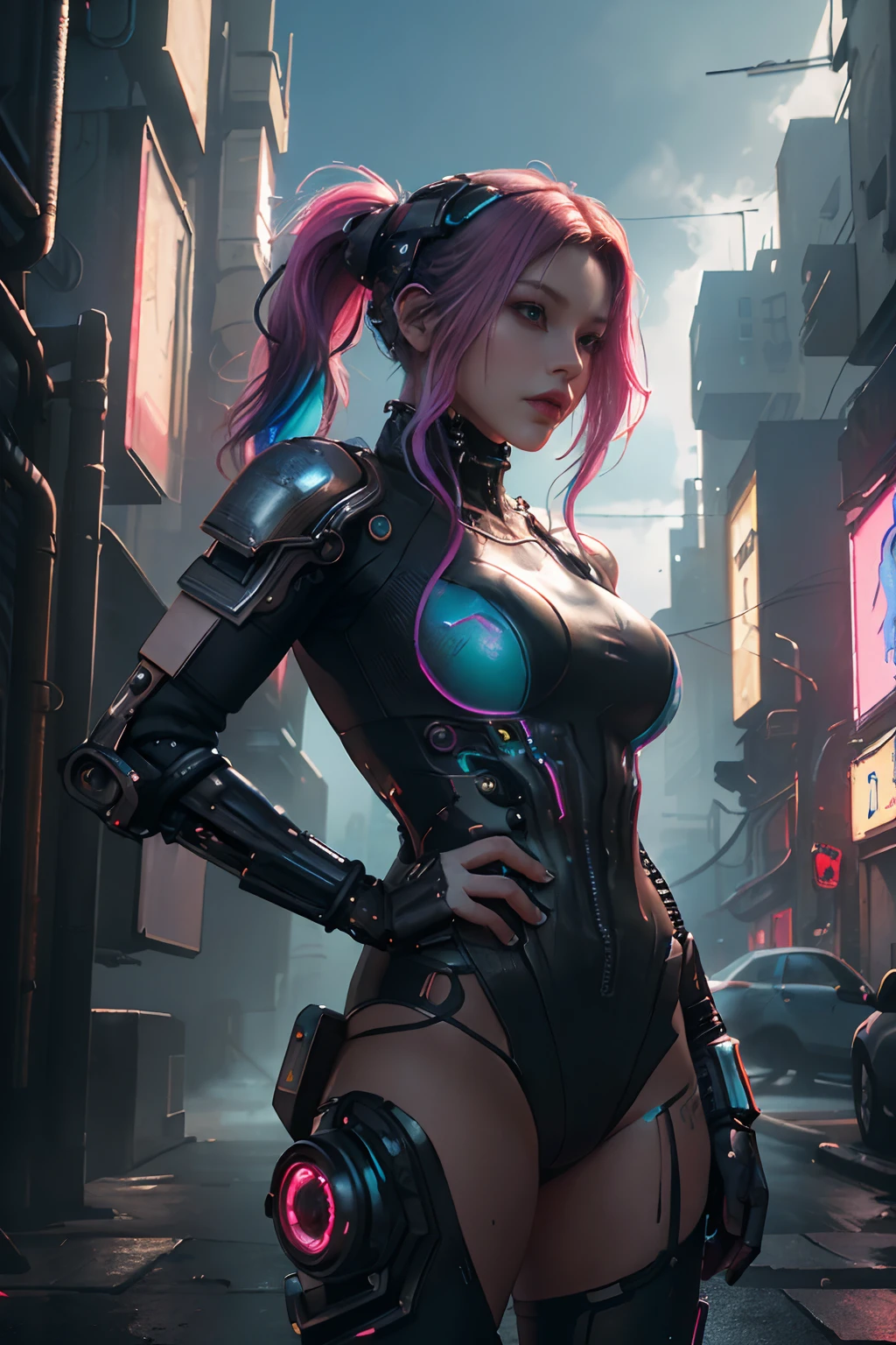 (Photorealistic:1.4) image of a cyber punk girl, (top-quality, 8K, 32K, masterpiece) , (dynamic pose), ((facing camera)), cowboy shot, shapeless hair, colorful hair, colorful cyberpunk combat armor,depth of field f/1.8, cyberpunk city background, cinematic lighting.