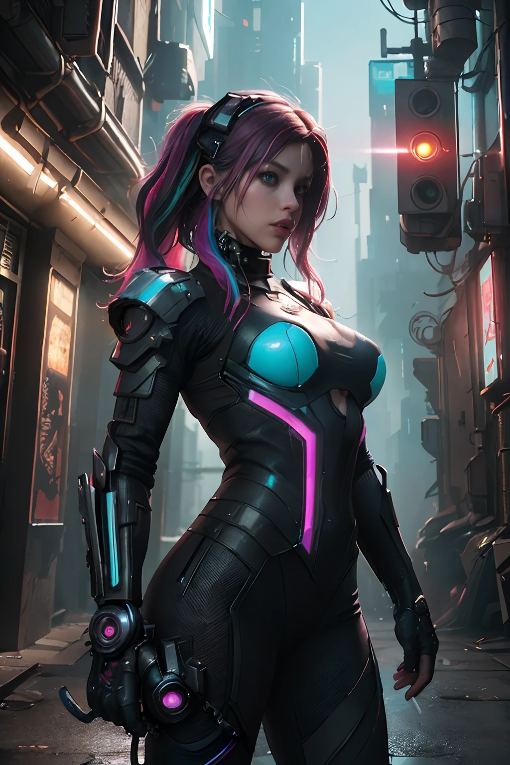 a girl, red hair, green eyes, mercenary, cyberpunk, long hair, curly hair, cyberpunk style, futuristic, green shiny dress, cyberpunk 2077, best quality, masterpiece, anime style, realistic, ultra detailed. 