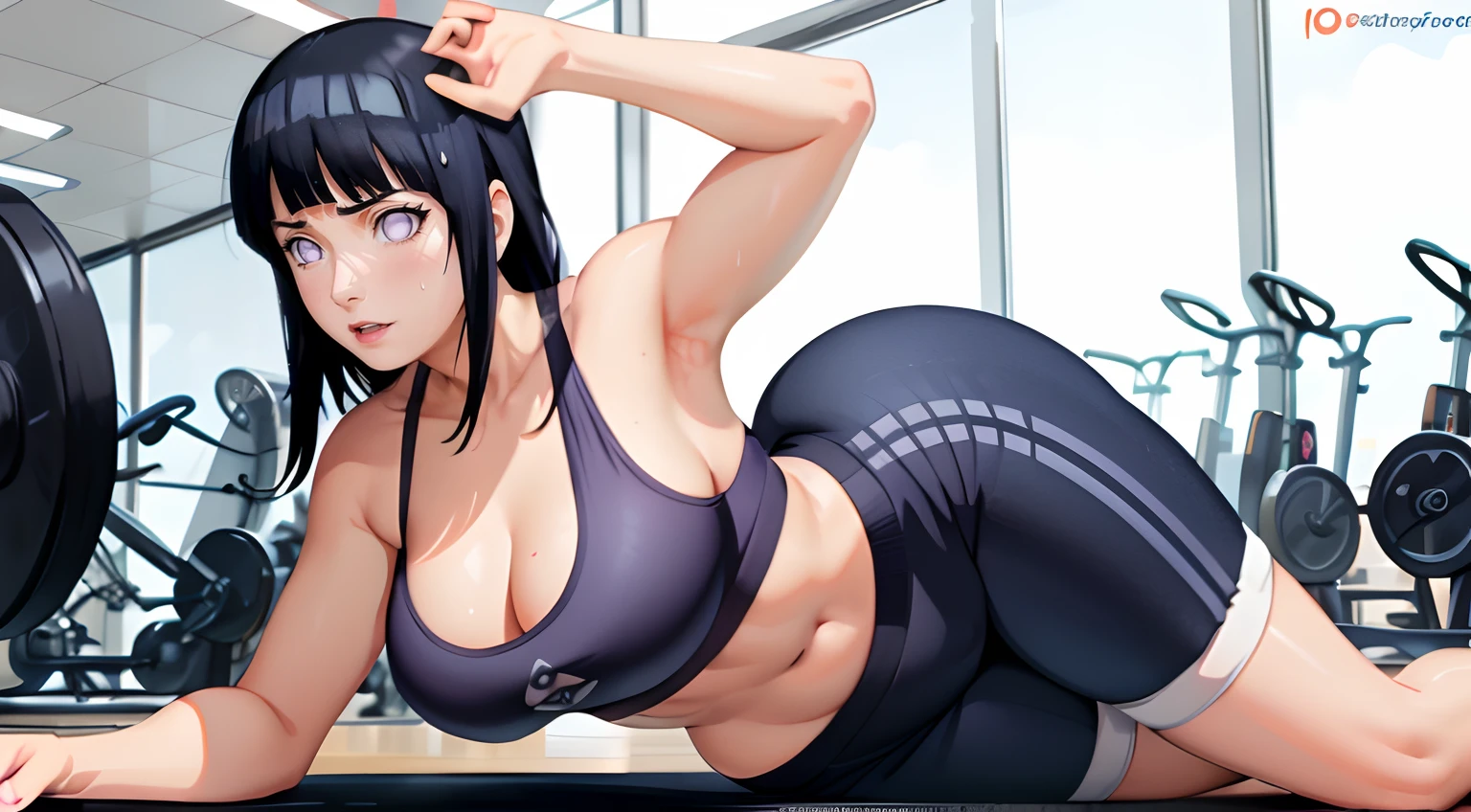 masterpiece, best quality, ultra-detailed, illustration,1girl, dark blue hair,{ gym fitness  background}, blunt bangs, ( elastic fitness pants and bra,) ,medium breasts,hinata\(shippuden\)curvy body,hot body,sweaty, doggy style yoga ,side view, side angle, 1girl,looking at west, side view, eye correction (hinata eye)