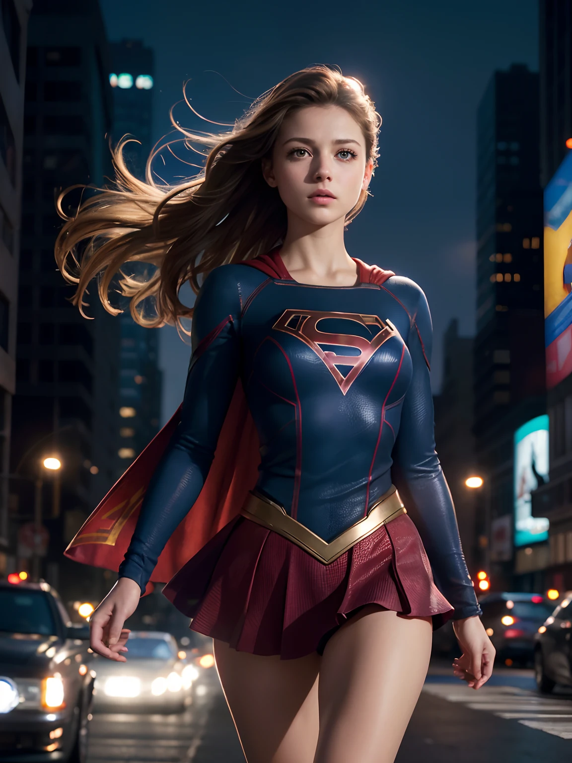 realistic photo, best quality, fantastic light, full body wide frame photography, from below, American girl, ((Supergirl)), red cloak, red boots, perfect body, pants, red lips, (angry face), (bright blue eyes), eyes detail, skin detail, small waist, long legs, small thighs, ((long blonde hair:1.4)), medium size pear breasts, ((standing on the roof of a building)), air polluted, sunlight, light on face, masterpiece,ultra realistic,32k,extremely detailed CG unity 8k wallpaper, best quality
