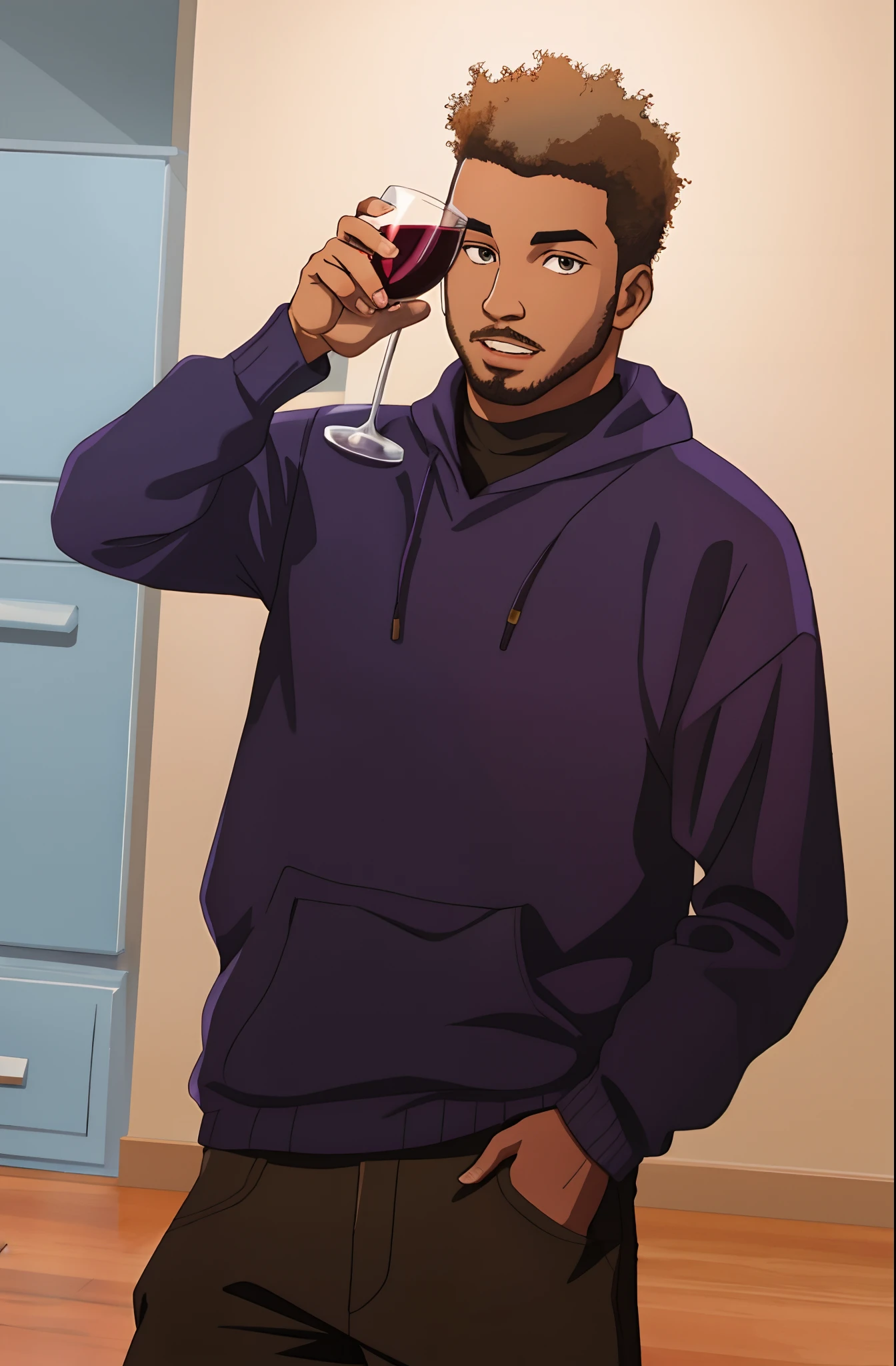 turn exactly this photo to cartoon style, black man, drink wine