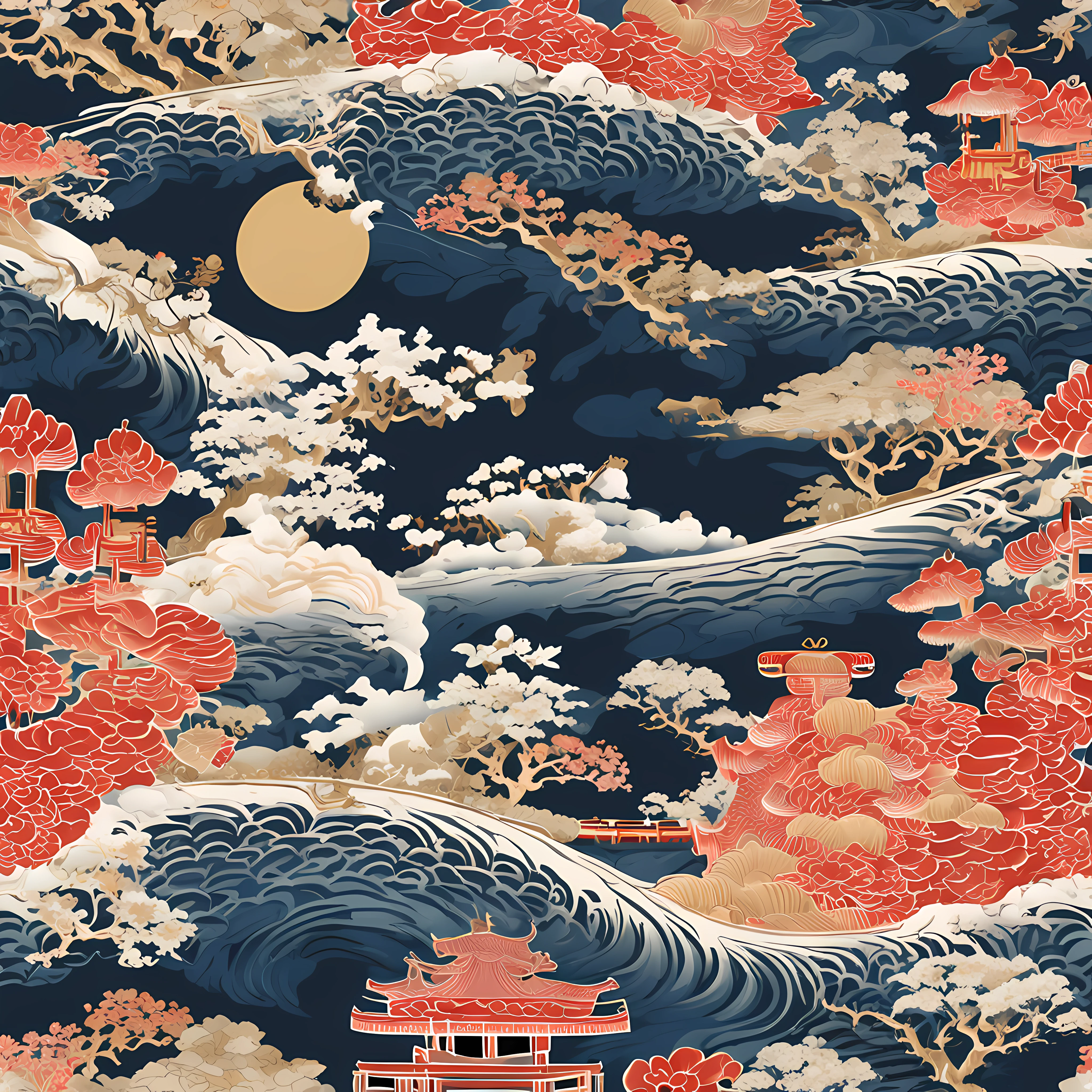 "Envision an enchanting wallpaper pattern composed of a rhythmic arrangement of iconic Japanese symbols, each adding a layer of cultural depth and significance.
The delicate sakura blossom, symbolizing renewal and fleeting beauty, is interspersed among intricate '卍' (manji) symbols, representing harmony, eternity, and the cycle of life.
Mystical 'Dragon' (ryu) dragons coil gracefully amidst swirling clouds, embodying power, transformation, and protection. The torii gate stands resolute, marking the transition from the secular to the sacred.
Elegant kanji characters '愛' (ai) for love, 'Courage' (yuuki) for courage, and 'Peace' (heiwa) for peace, seamlessly integrate into the design, adding profound meaning.
A tranquil pond reflects the moon's serene glow, adorned with '鶴' (tsuru) cranes, symbols of longevity and good fortune. Beneath the surface, 'Sea' (umi) waves ebb and flow, representing life's constant changes.
Bamboo shoots, a representation of resilience and growth, rise gracefully amid the composition. Lanterns sway gently, casting warm illumination and symbolizing guidance.
The color palette harmonizes deep indigos, tranquil blues, and soft whites, creating a sense of serenity and reverence. This intricate wallpaper pattern is a visual journey through the layers of Japanese symbolism, inviting you to immerse yourself in their wisdom and beauty."