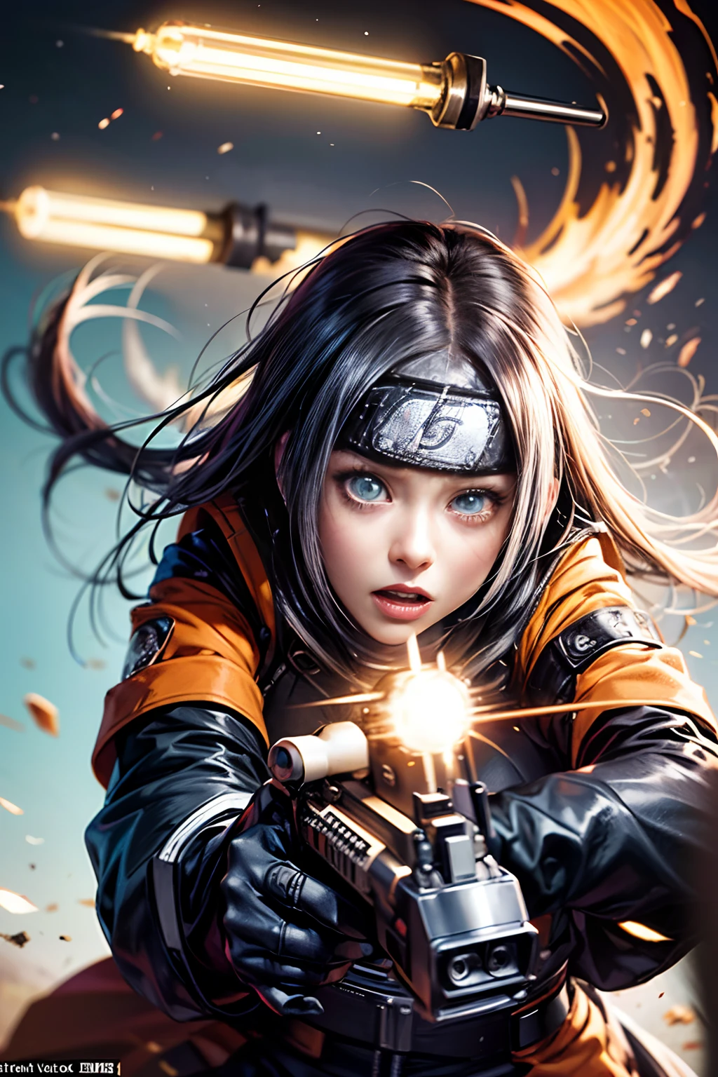 (tmasterpiece), (beste-Qualit), realisti, cinematiclight, (((Hinata's girlfriend Naruto is mad at the machine gun))),  attack pose, battlefield background, the perfect body, Cyan eyes, white colored hair