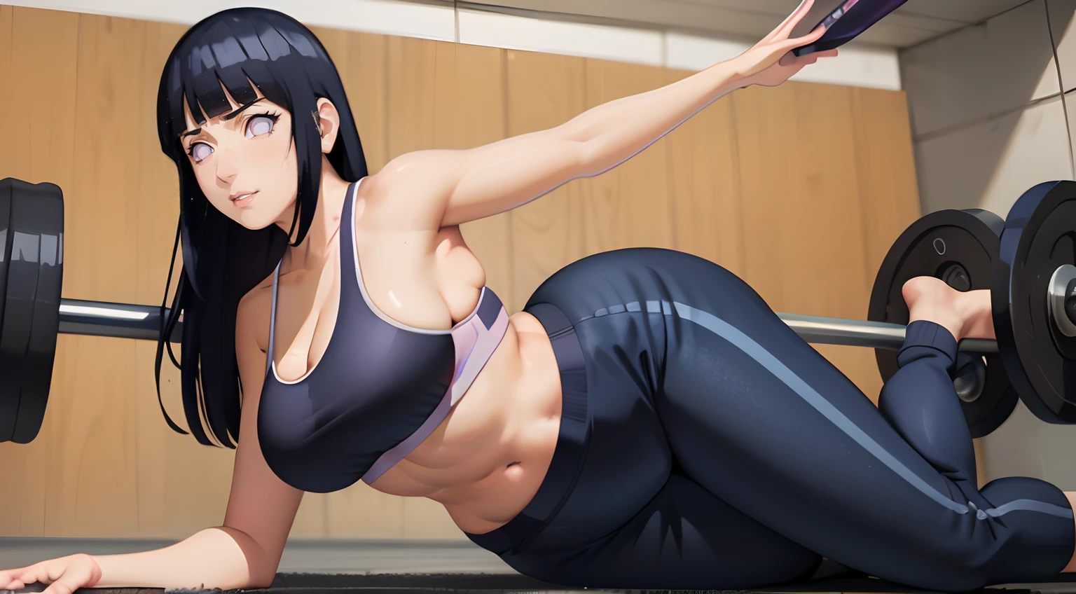 masterpiece, best quality, ultra-detailed, illustration,1girl, dark blue hair,{ gym fitness background}, blunt bangs, ( elastic fitness pants and bra,) ,medium breasts,hinata\(shippuden\)curvy body,hot body,sweaty, doggy style yoga ,side view, side angle, 1girl,looking at west eye correction (hinata eye)