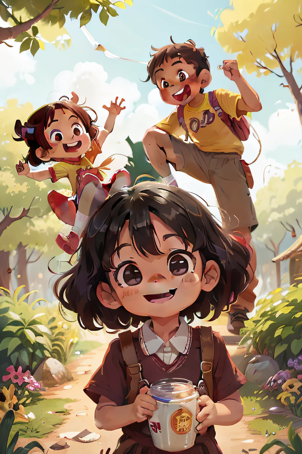 lucas, an 8 boy, cute, brown skin, cheerful and kind eyes, Tom, an 8 year old boy, cute, smiling, a small girl, 8 years old, cute, long, curly black hair, with a bow on her head, a small, cute, 8 years old, iranian girl, k hair, kind look, smiling, liu, a small Chinese girl, age 8, long black hair, slanted ey smiling, playing together in the park