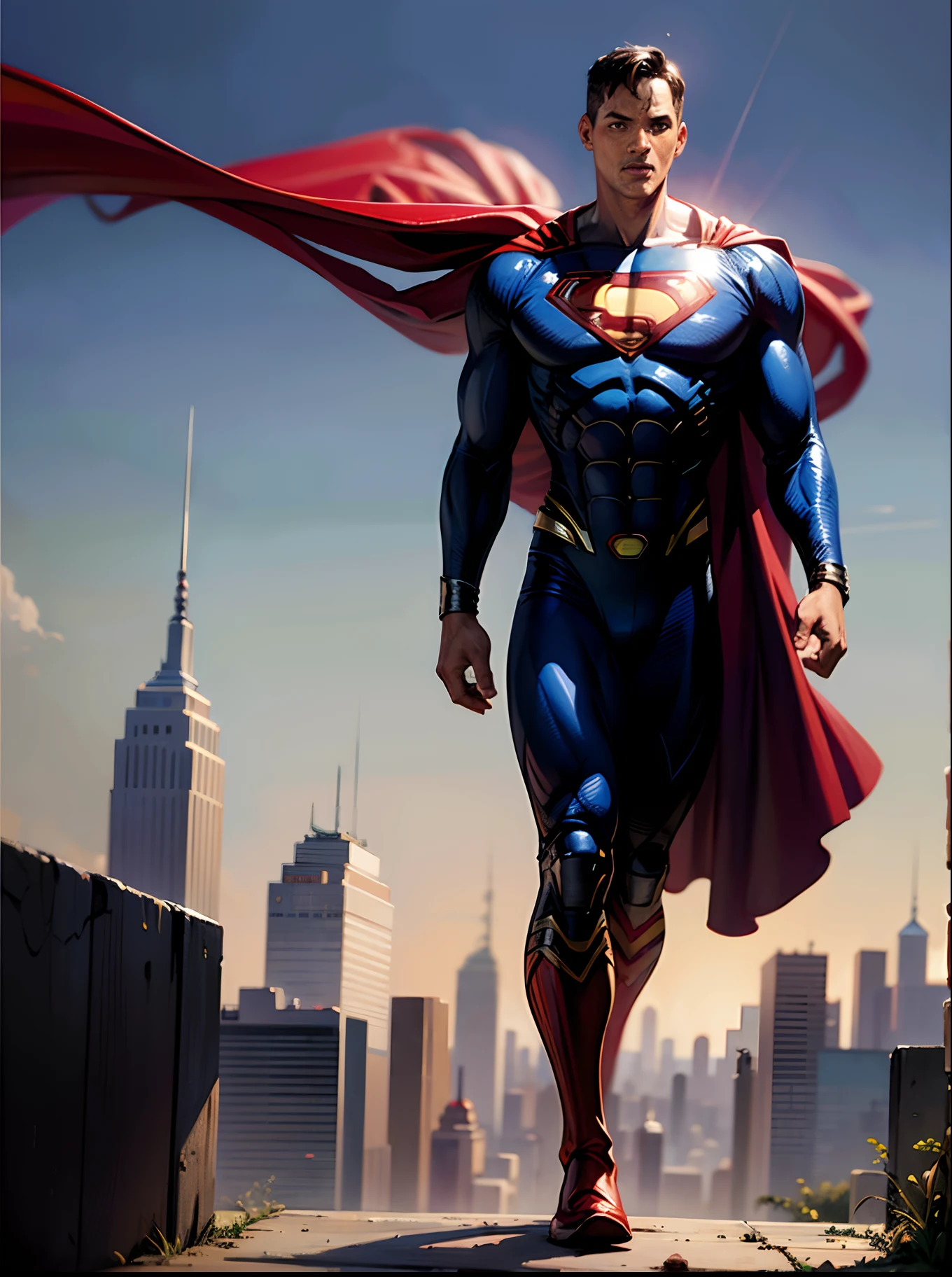 (corpo inteiro), (Will Smith como superman:1.25), (capa vermelha), (((solo))), (Arte de Jim Lee, & Zack Snyder) magnificent sky background, em frente ao horizonte de Nova York, dramatic, lindo, boa anatomia, good proportions, hero pose, premiado, obra-prima, volumeric lighting, ((empty hands)), centralizado, (oil painting realistic:1.2),