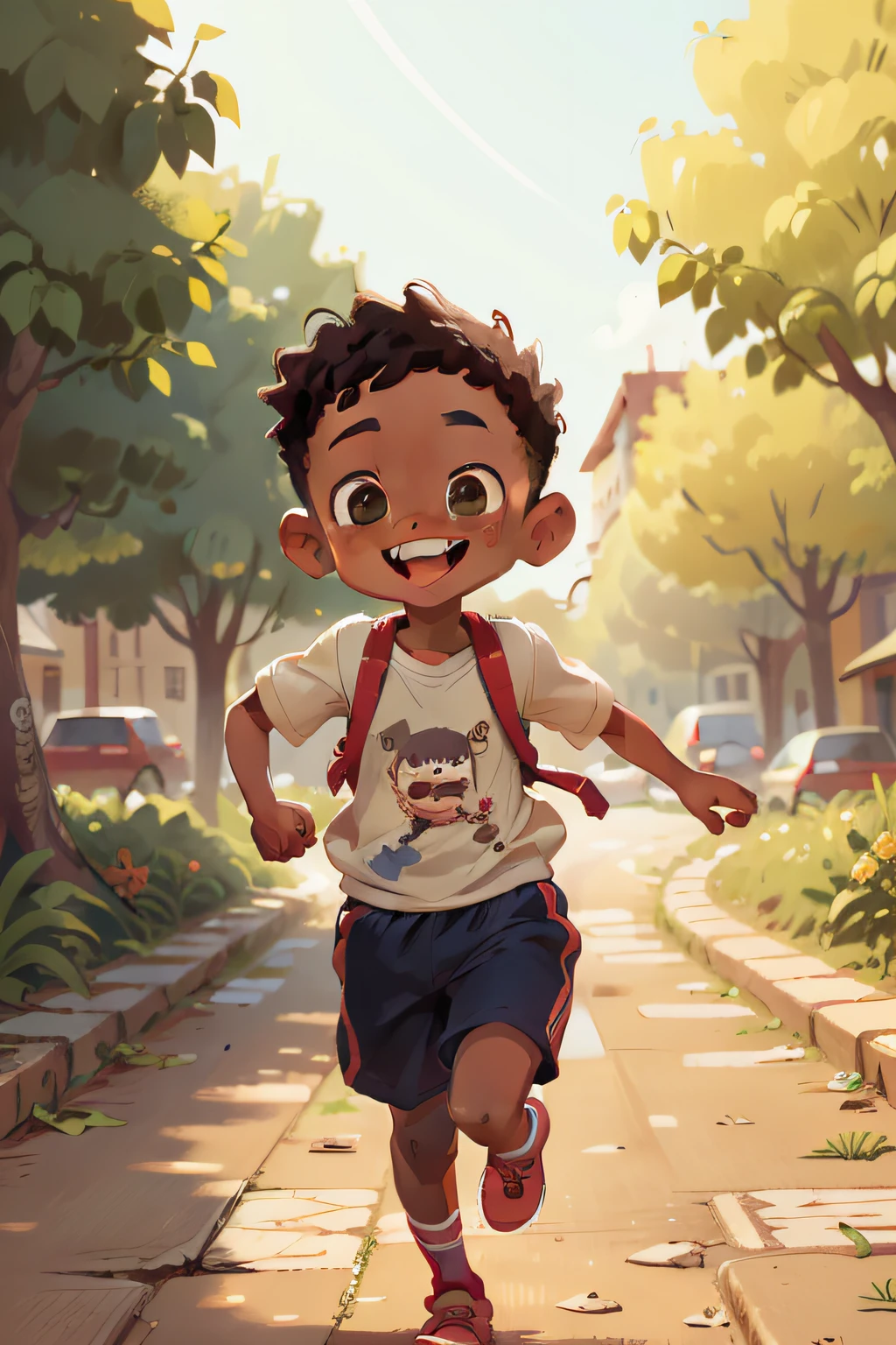 Tom, an 8 year old African boy, cute, smiling, perfetc face, perfect mouth, running down the street