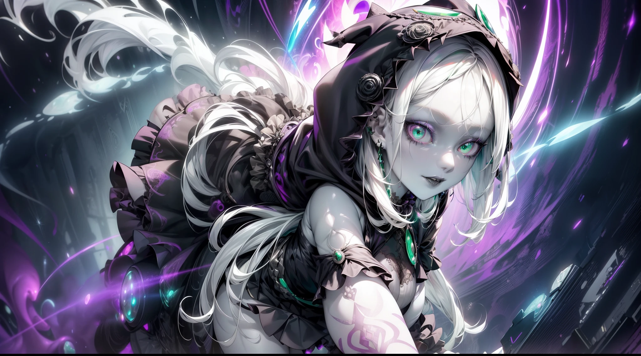(necromance:1.2) girl, 1girl, perfect and well designed shiny eyes, (beautiful detailed (emerald:1.3) marsh eyes:1.05), natural breasts, slim body, beautiful and delicate face, (face detail), ((realistic face)), pores, ((pale skin)), detailed skin, realistic skin, medium length hair, hair voluminous, super high resolution, 8k, parameters Best quality, (masterpiece:1.4), (magic accessories:1.4), bracelets, necklaces, dark extremely detailed thick tight ((lacy silk clothing:1.3), (lacy wrap dress:1.2), (lycra kimono:0.8),(wild goth skirt:1.5)), (shabby hood ruffles coat:1.6), (embroidery and lace:1.3), jewelry ornaments, hair ornament, (cloth:1.3), (neckline:1.3), (cleavage), decolette, navel, Young Girl, Beast, (crazy:0.7) Smile, (Pale Skin:2.0), (19 Piercings:1.6), ((tattoos all over body, Tribal tattoos all over legs)), surrounded by darkness, (Darkness:1.2), Dark Fantasy, ultra detailed, photorealistic, ((Real image)), (best quality:1.4), super high resolution, (Realistic 2.0), More details, (full body portrait), (((1girl))), (witchcraft:1.5), magic energy flows and sparkles, (futurism:1.3), fantasy, (cyberpunk:1.4), (magic technologies:1.3), (beautiful and aesthetic:1.2), (fractal art:1.4), (cinematic light:1.1), DUTCH ANGLE, 16K, HDR, RTX, Ray Tracing, Radiosity, Anisotropic Filtering, Subsurface Scattering, (((magic lights))), metallic reflections, Detailed, Realistic, 4k highly detailed digital art, (cool_color), extremely detailed CG unity 8k wallpaper, vibrant colors, (((seductive pose)))