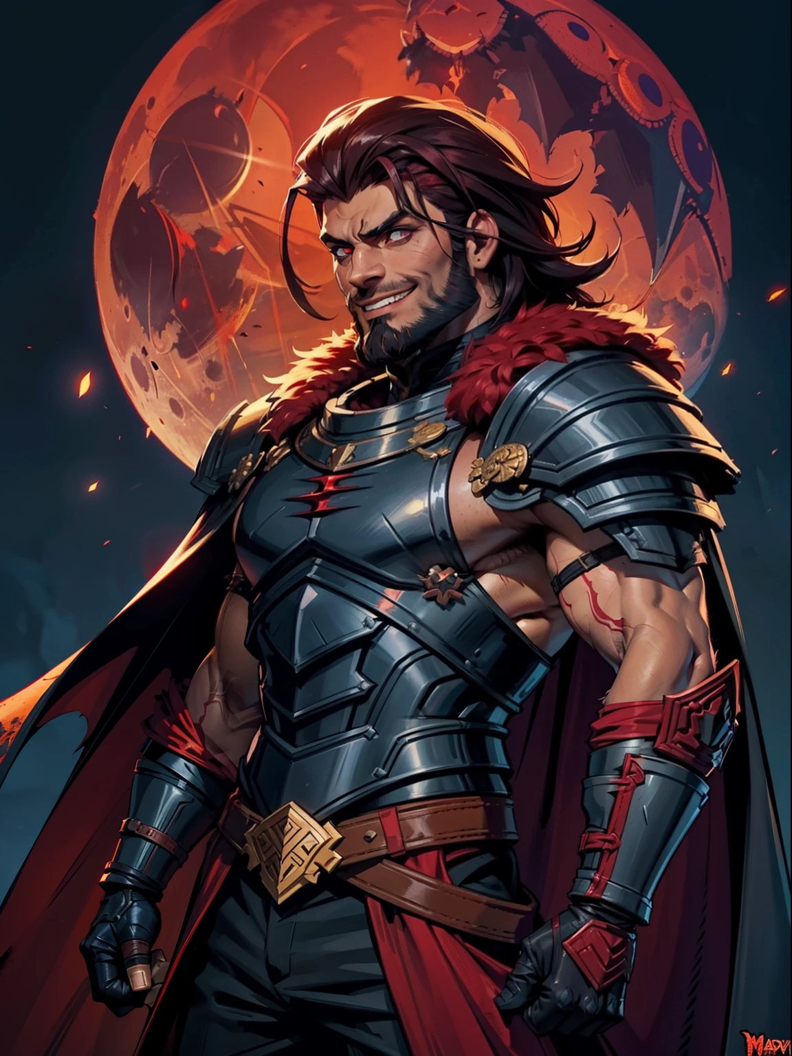 Dark night blood moon background, Darkest Dungeon style. Sadurang from Marvel, hunk, buffed physics, short mane hair, mullet, defined face, detailed eyes, short beard, glowing red eyes, dark hair, wily smile, badass, dangerous. Wearing full armor with red dragon scales, cape of furs. Breath fire.