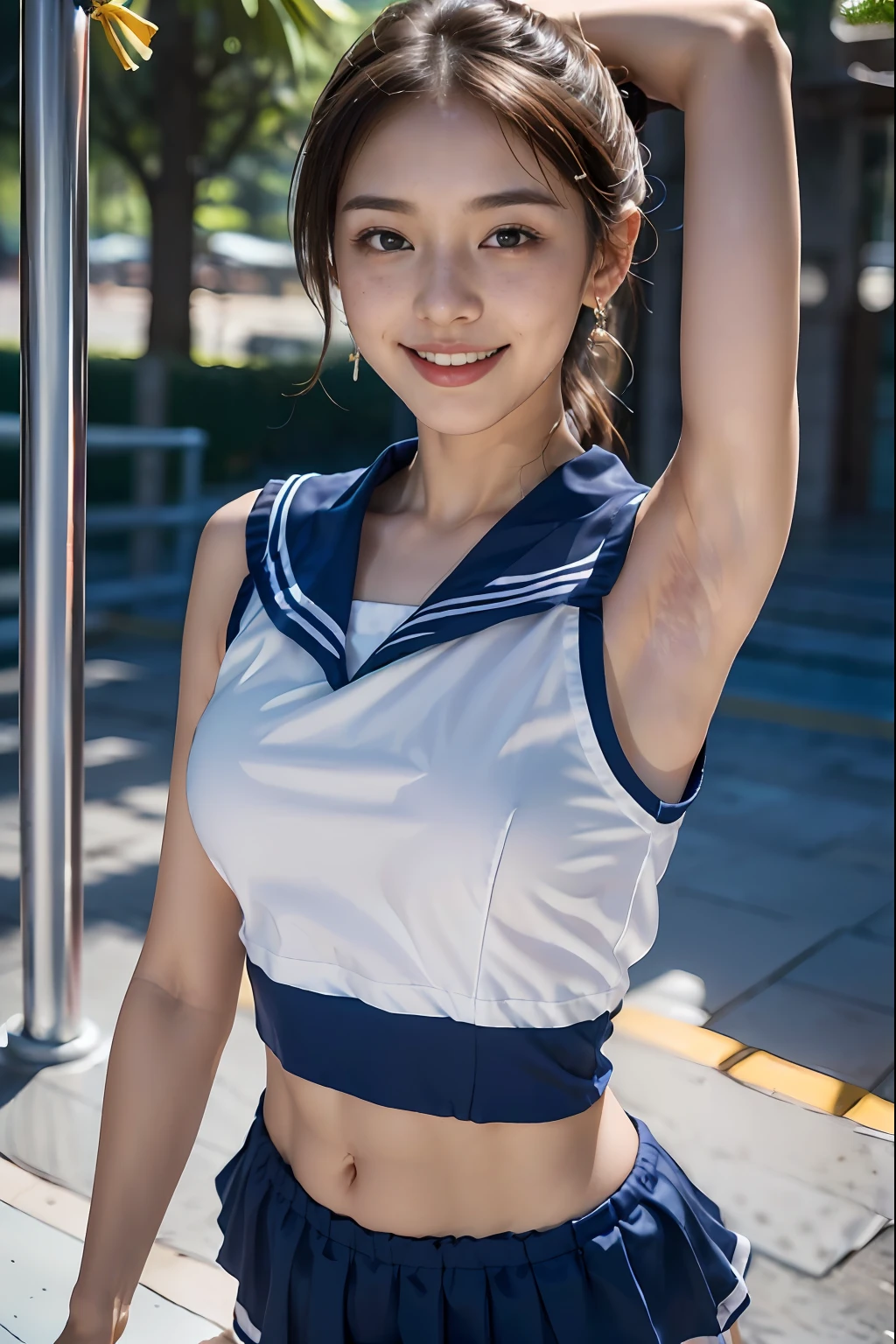 ((Raise your hands to show your armpits、armpit pose、Armpit、Detailed armpit wrinkles、Armpit、Wrinkles under the armpits:1.4、Glossy armpits:1.7、slimy armpits、Armpit tecateca:1.4、full body closeup、Simple white panties on lower body、Just a little freckles on the face、Sleeveless sailor suit、A smile、red lipsticks、playground、High school girl in sleeveless sailor suit and simple white panties、Don't wear skirts!!、sixteen years old))、(​masterpiece:1.3), (8K, Photorealsitic, Raw photography, Top image quality: 1.4), a japanese girl、Standard body shape:1.3、high-ponytail Hairstyle、Super Detail Face、Eye of Detail、二重まぶた、Super detail armpits、foco nítido:1.2、prety woman:1.4、light brown hair、top-quality、​masterpiece、超A high resolution、(Photorealsitic:1.4)、Highly detailed and professional lighting smile、Background of the playground、on the park、High school girl in sleeveless sailor suit and simple white panties showing armpits、Schoolgirl without skirt、Navel