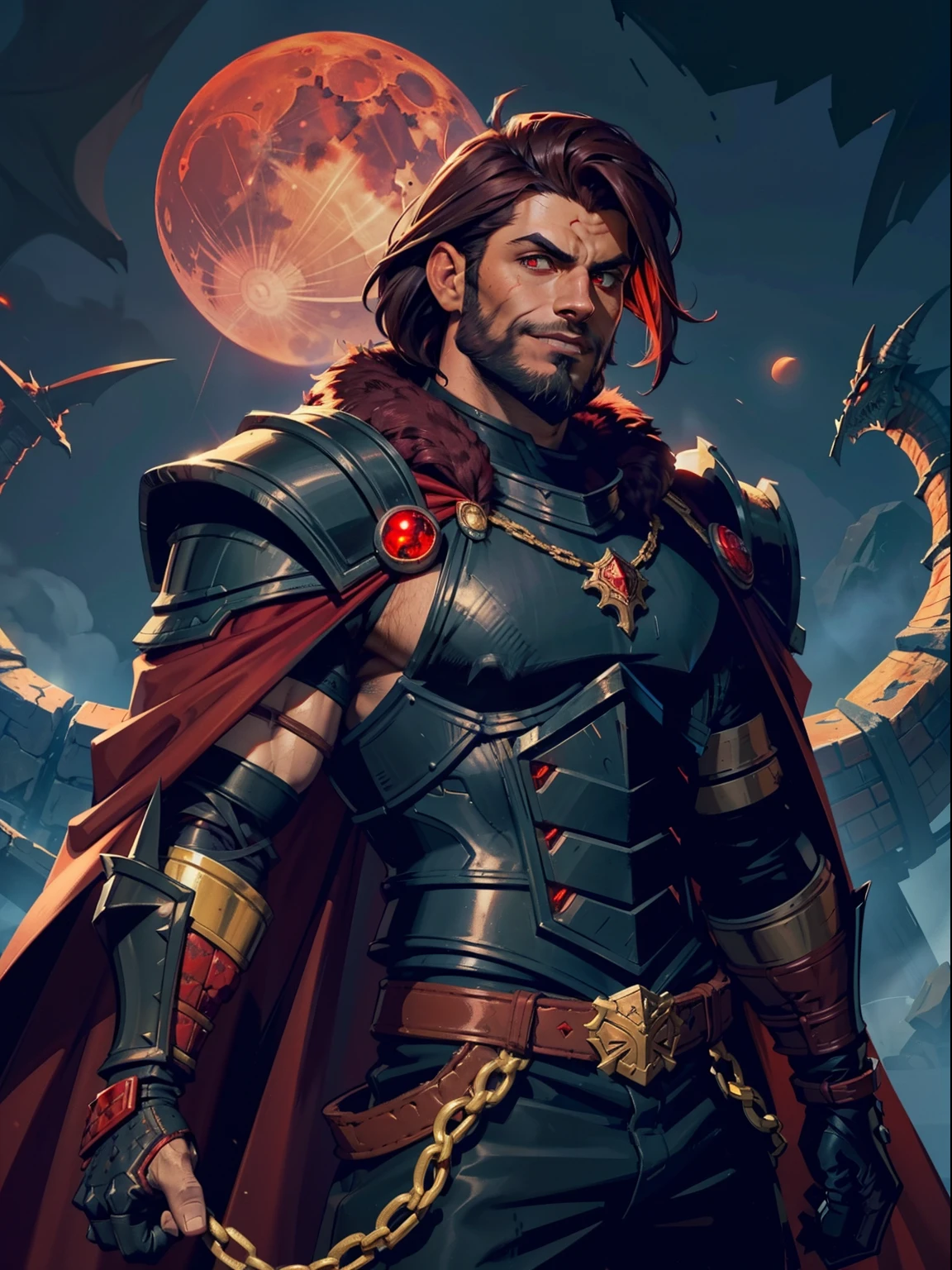 Dark night blood moon background, Darkest Dungeon style. Sadurang from Marvel, hunk, buffed physics, short mane hair, mullet, defined face, detailed eyes, short beard, glowing red eyes, dark hair, wily smile, badass, dangerous. Wearing full armor with red dragon scales, cape of furs. Breath fire.