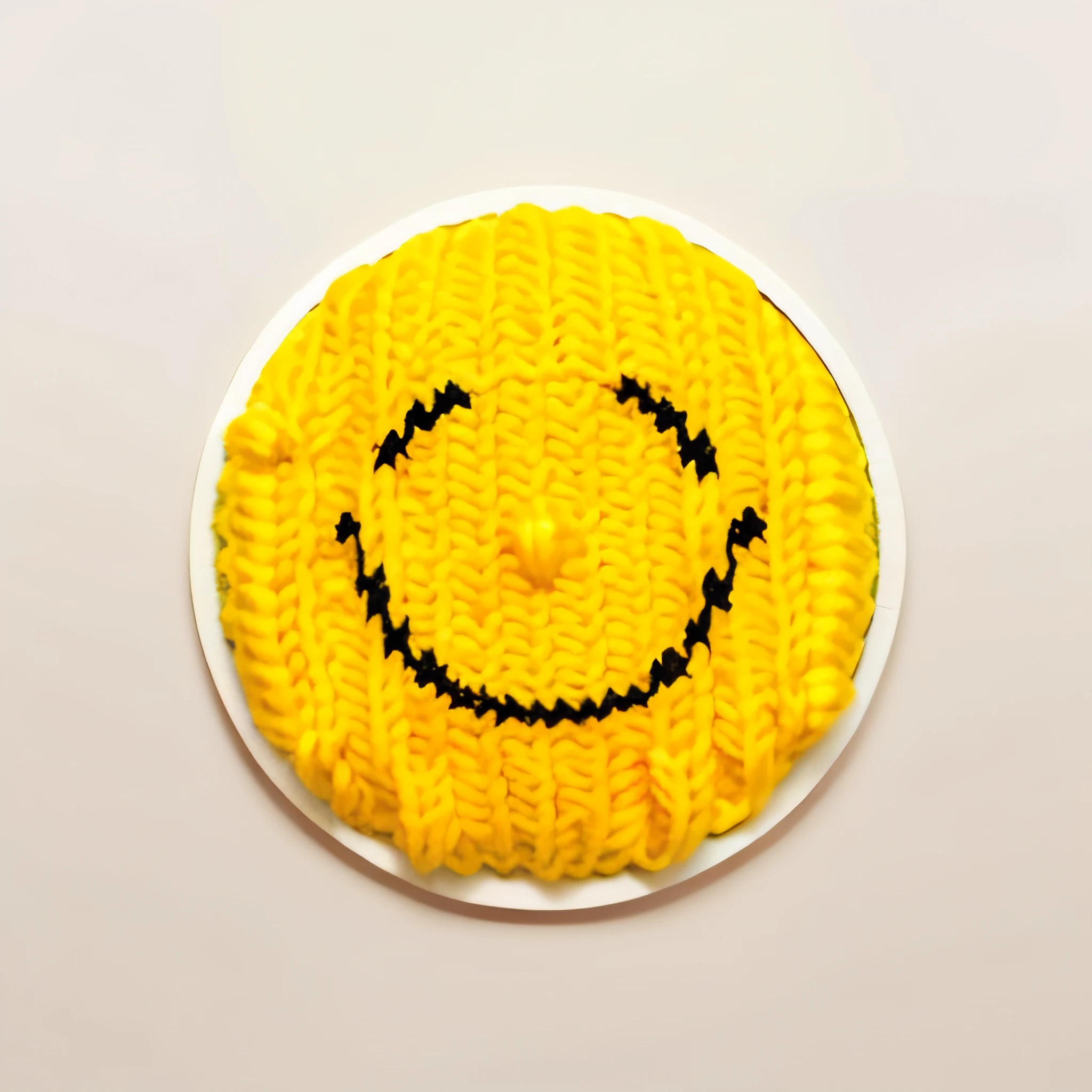 knitted from yellow yarn round happy emoji, knitted from yarn bas-relief, realistic knitted from yarn round happy emoji, knitted from yellow yarn & brown yarn & white yarn emoji