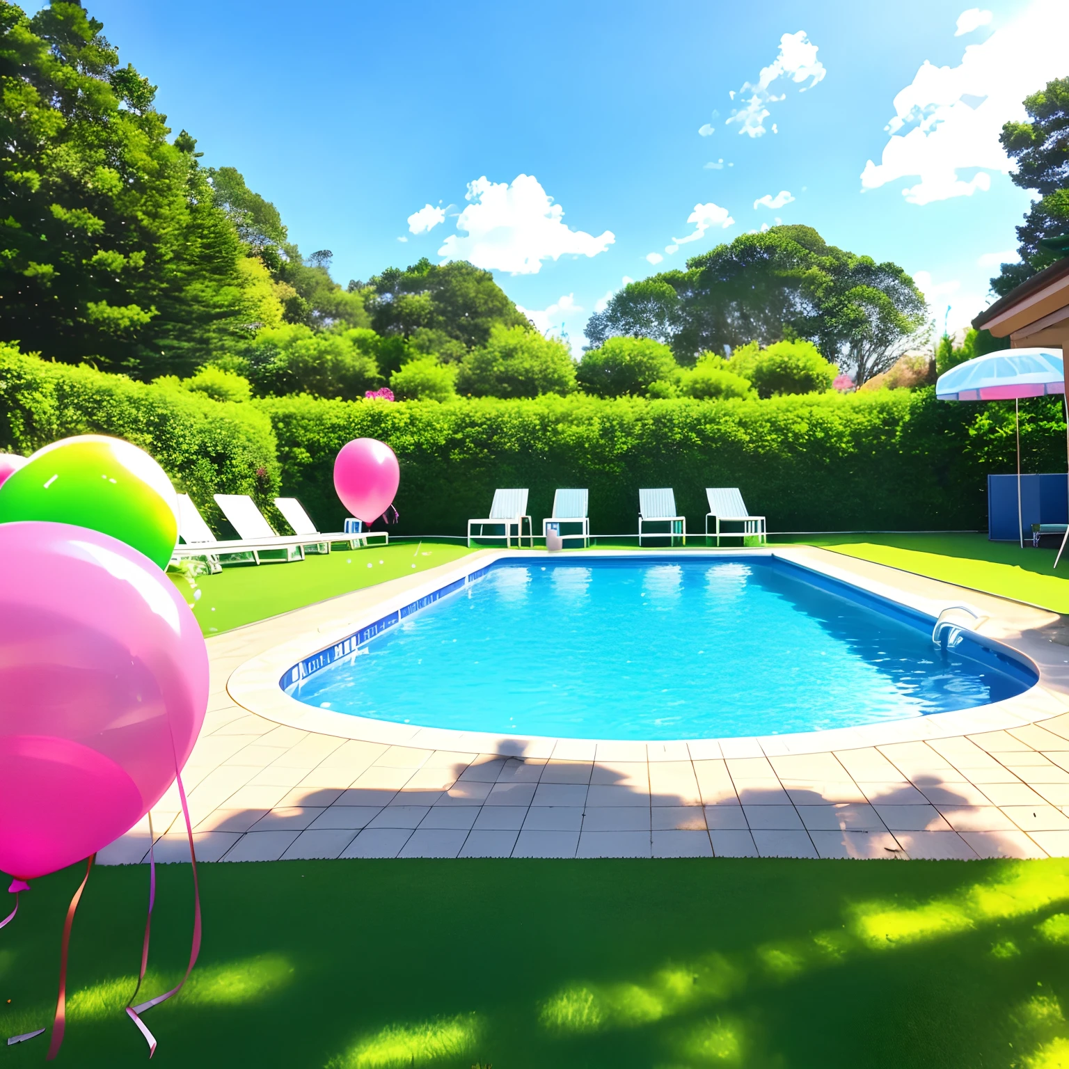pool party background, scenery with green grassy floors and balloons in a pool far away pool in the background very far with pink party balloons, e piso na frente gramado. and blue sky day