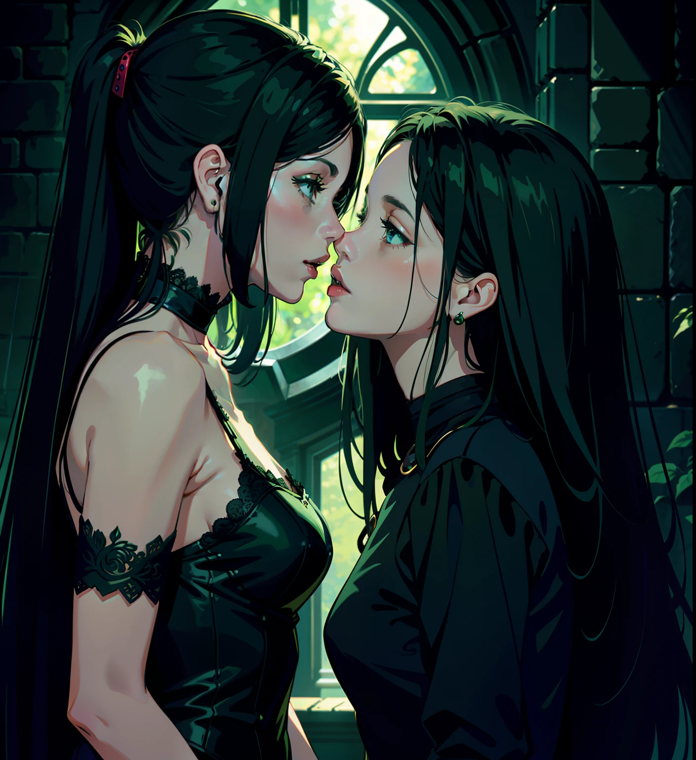 adesivo, fundo simples, portrait, 2 girls, couple, kissing, girl with long hair, beautiful gothic girl, gothic aesthetic, beautiful girl, very beautiful fantasy art, beautiful and elegant female gothic, beautiful detailed fantasy, black and green color palate, green color-theme