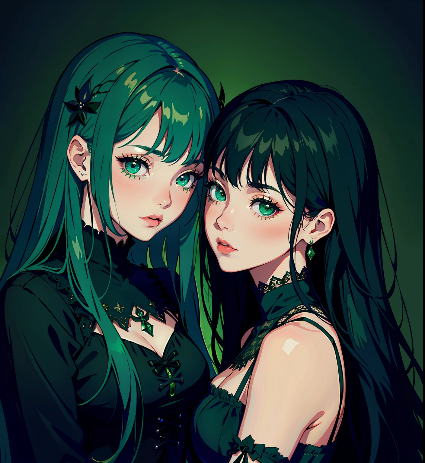 adesivo, fundo simples, portrait, 2 girls, couple, kissing, girl with long hair, beautiful gothic girl, gothic aesthetic, beautiful girl, very beautiful fantasy art, beautiful and elegant female gothic, beautiful detailed fantasy, black and green color palate, green color-theme