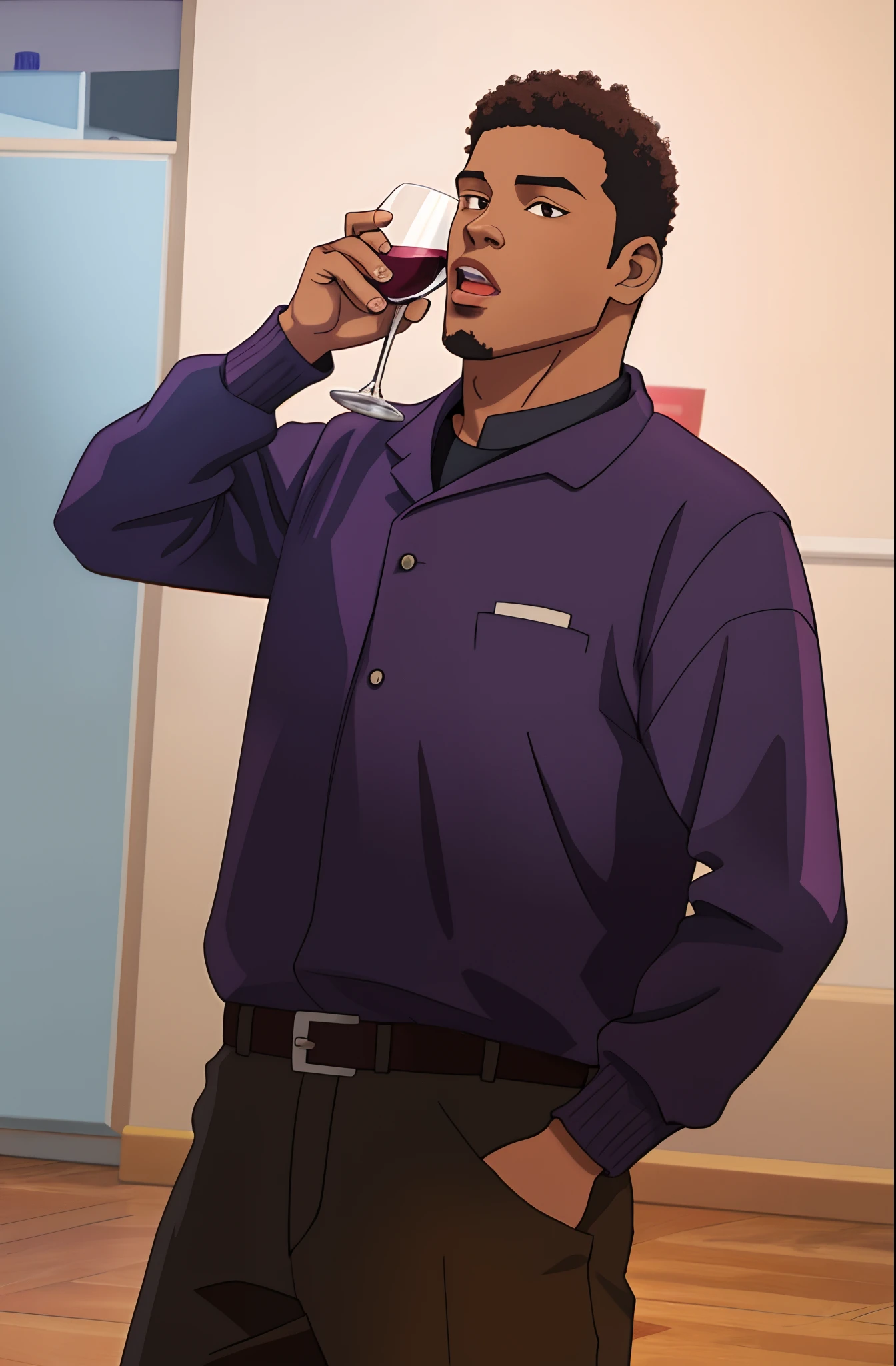 turn exactly this photo to cartoon style, black man, drink wine
